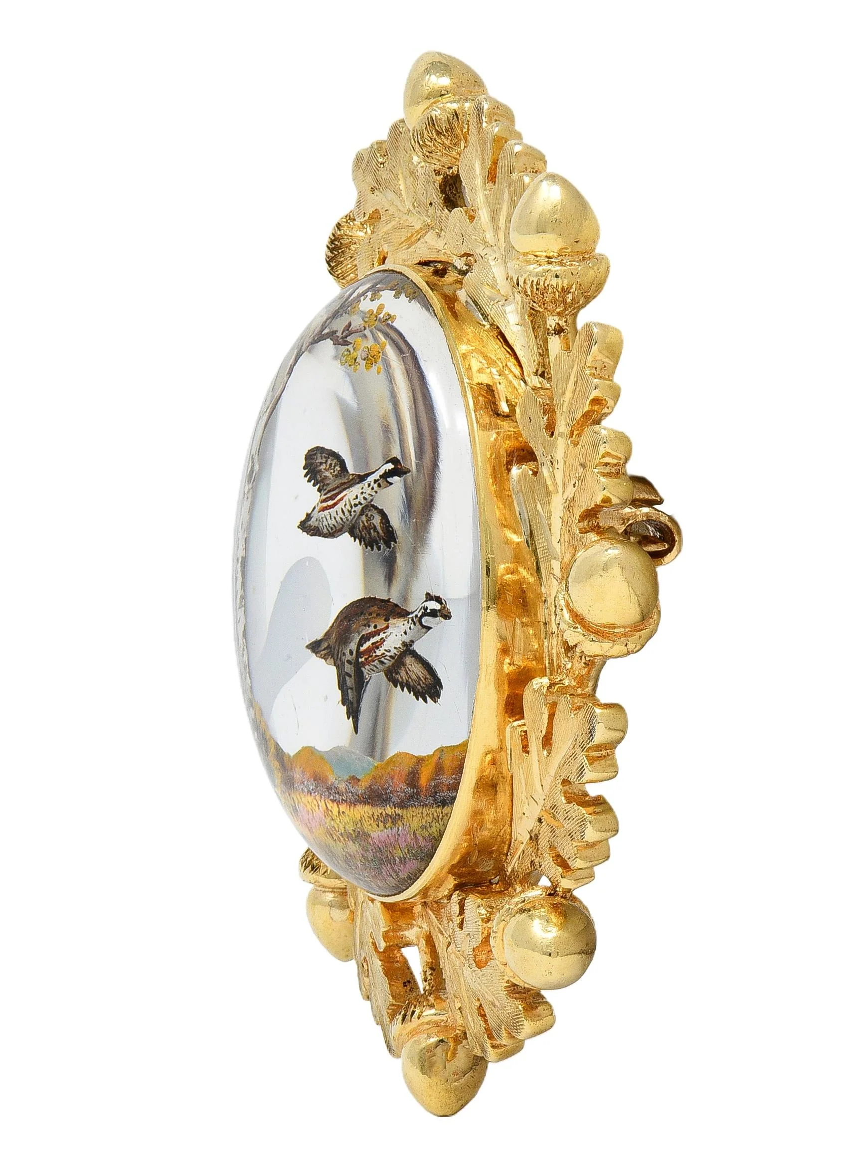 Edwardian Reverse Carved Essex Crystal 14 Karat Yellow Gold Quail Acorn Antique Brooch - Image 3