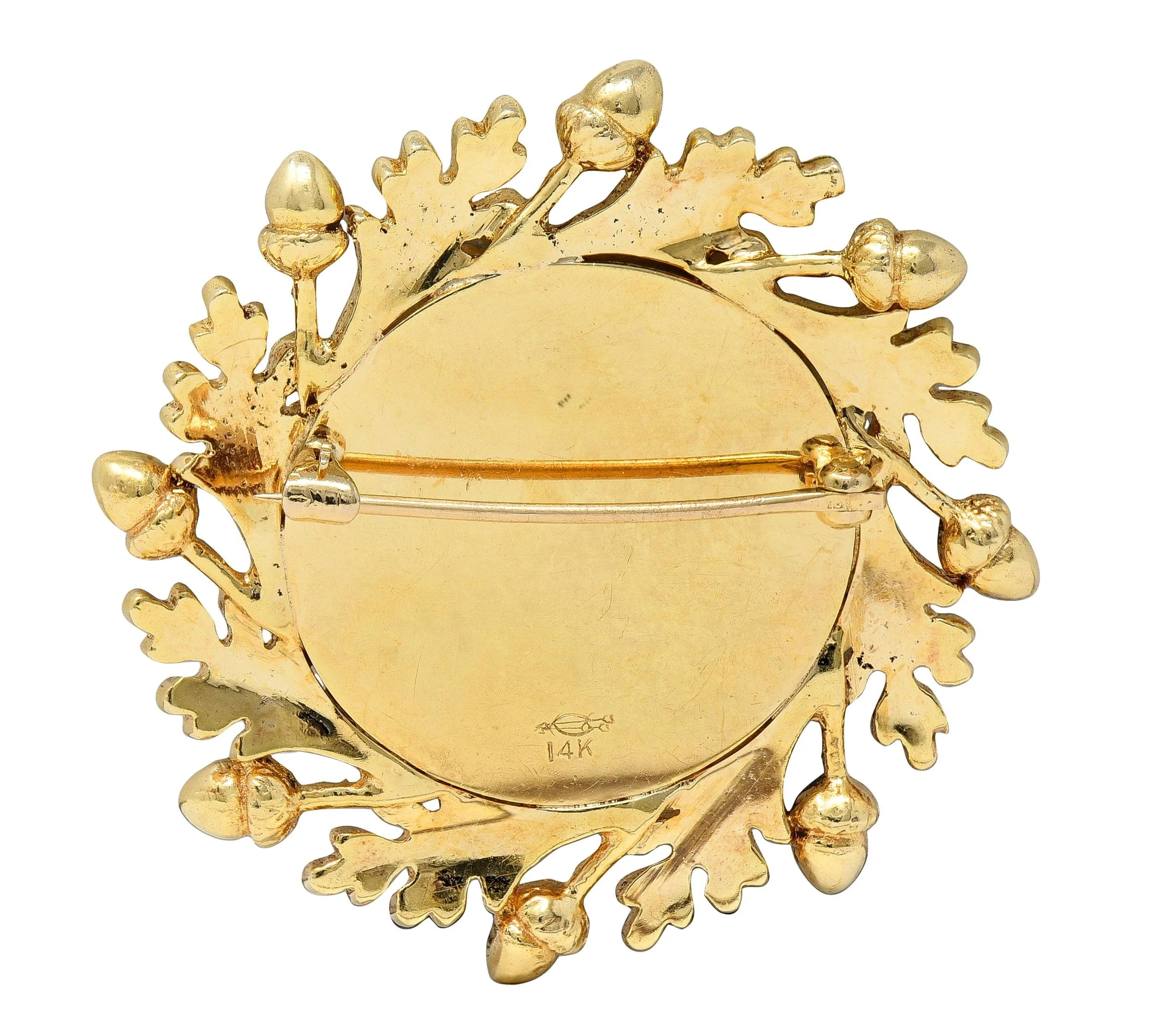 Edwardian Reverse Carved Essex Crystal 14 Karat Yellow Gold Quail Acorn Antique Brooch - Image 4