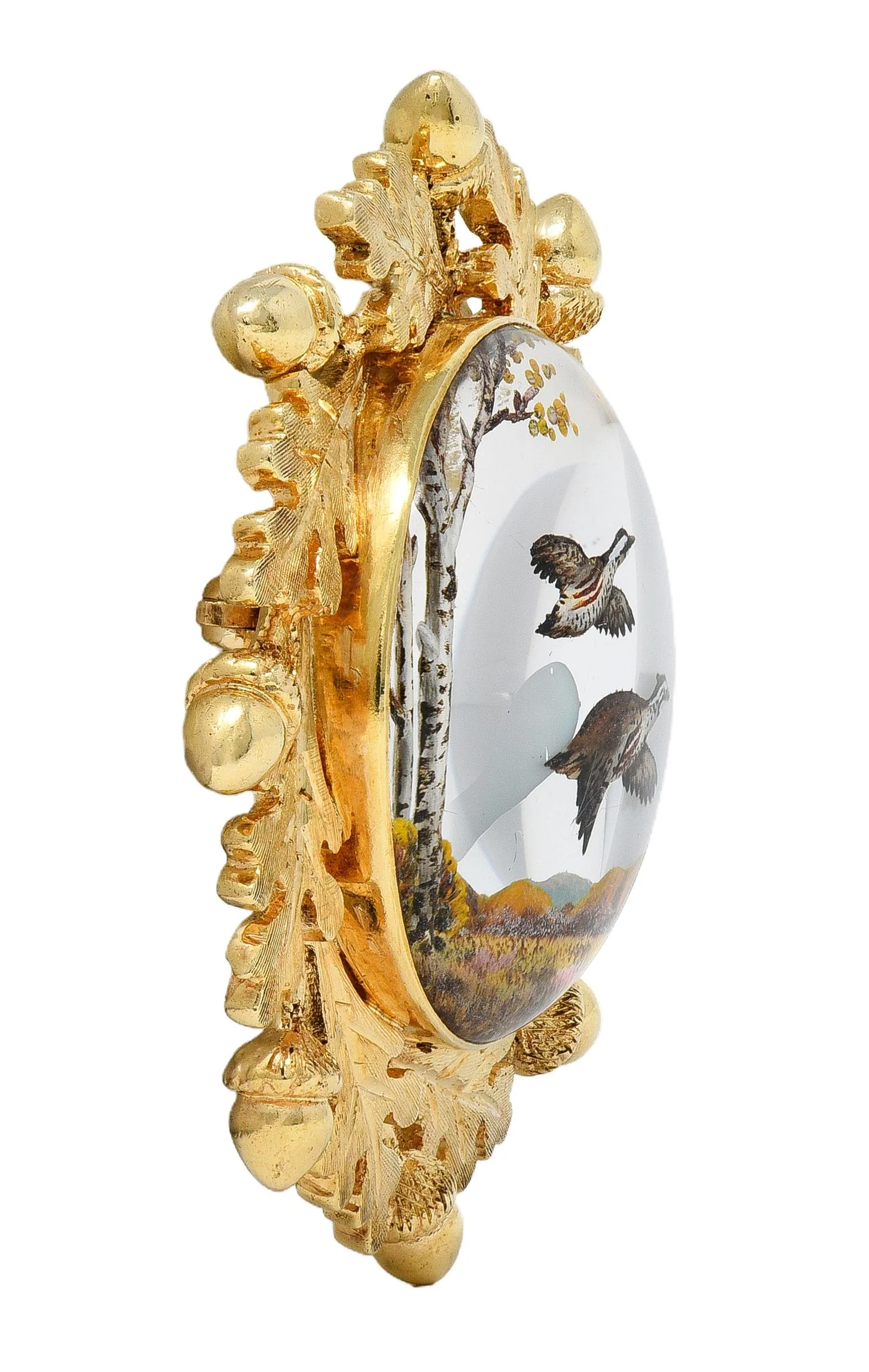 Edwardian Reverse Carved Essex Crystal 14 Karat Yellow Gold Quail Acorn Antique Brooch - Image 5