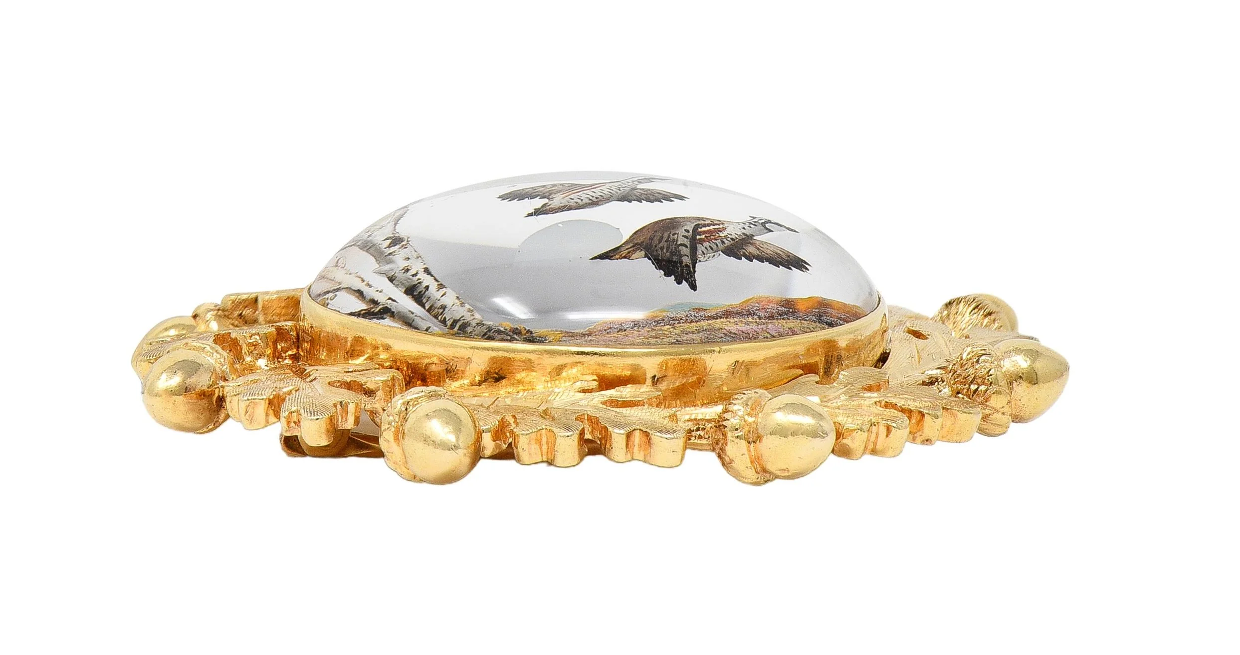 Edwardian Reverse Carved Essex Crystal 14 Karat Yellow Gold Quail Acorn Antique Brooch - Image 7