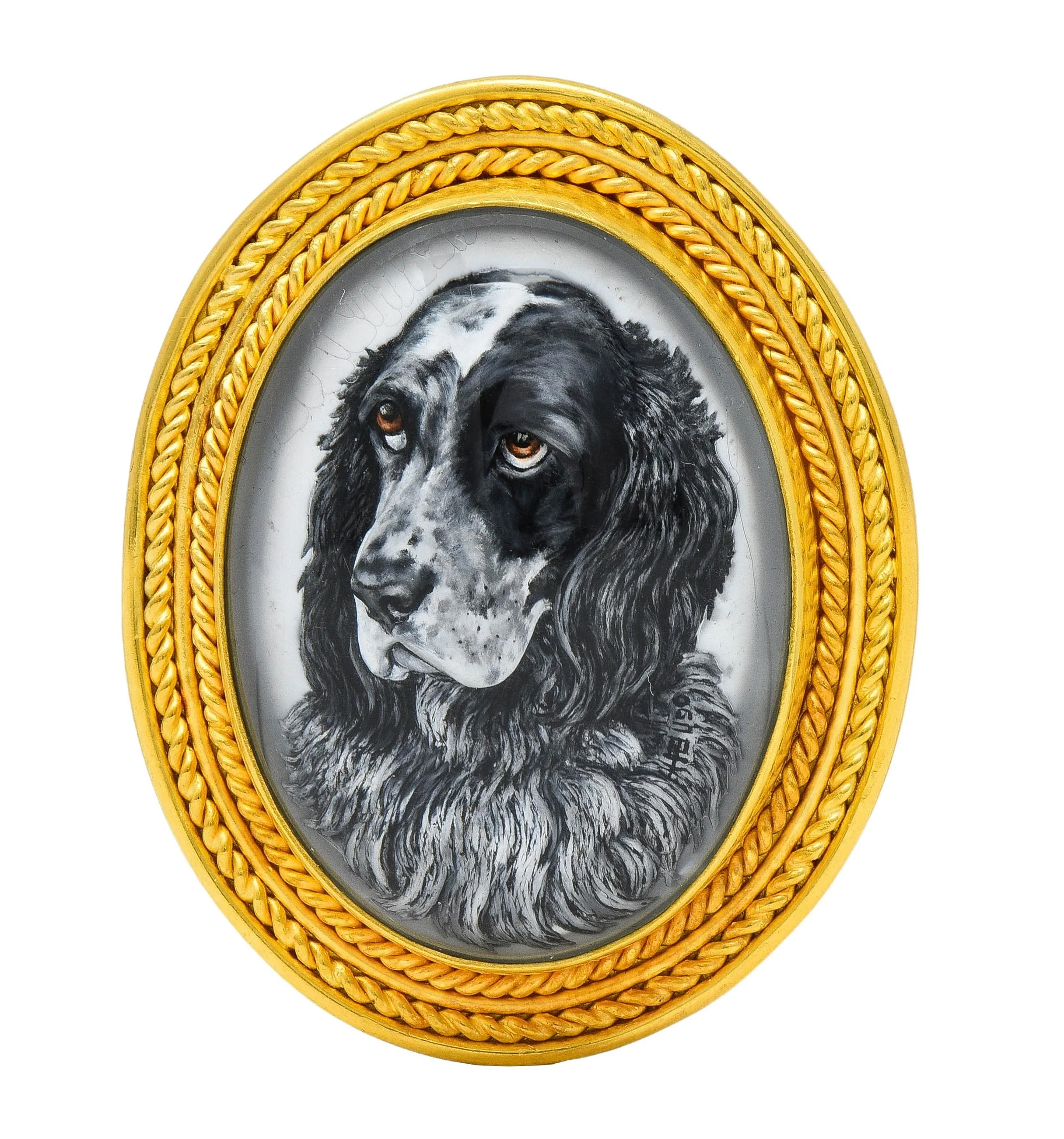 Edwardian Reverse Carved Essex Crystal 18 Karat Yellow Gold Painted English Spaniel Dog Cameo Antique Pendant Brooch