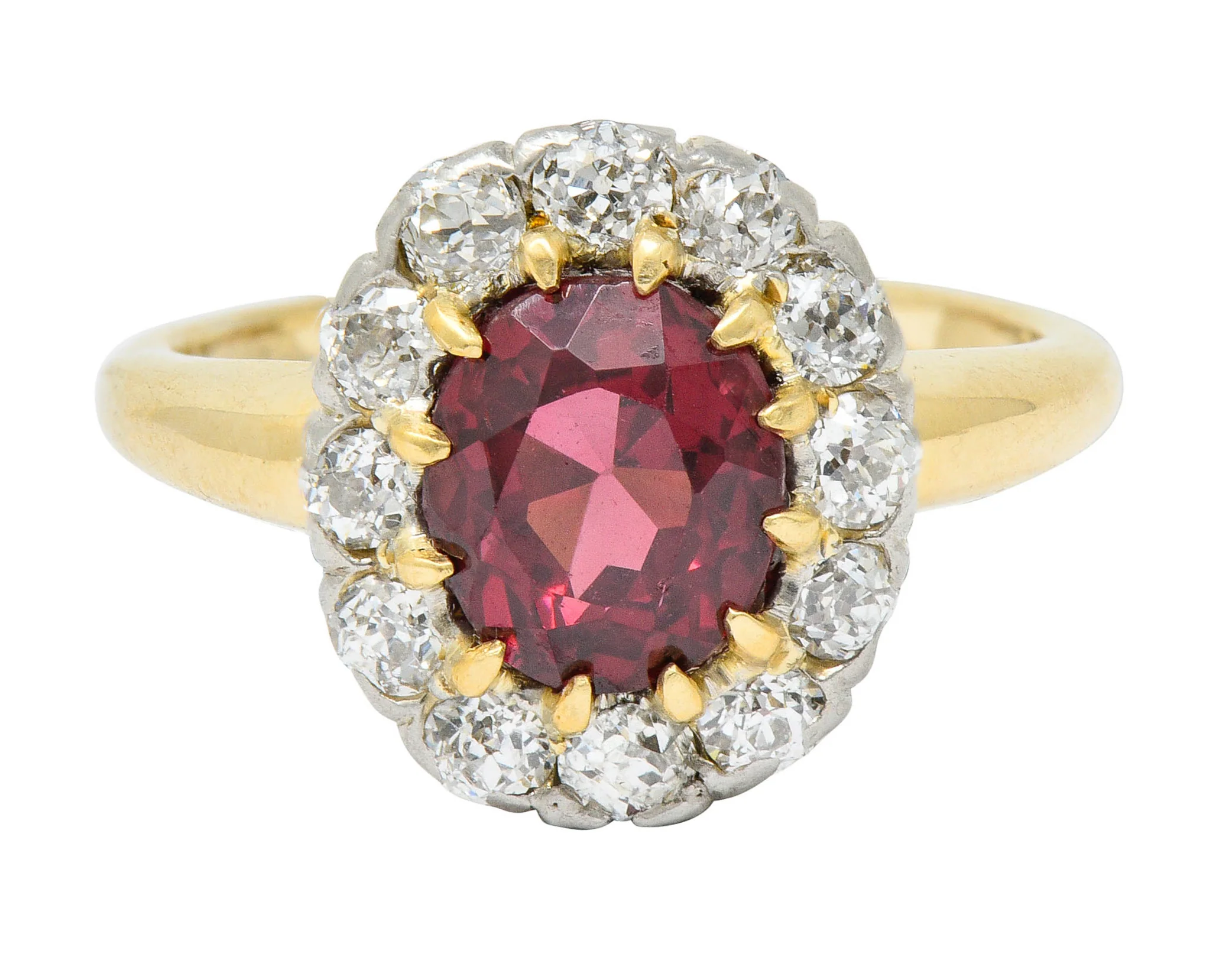 Edwardian Rhodolite Garnet Diamond Platinum-Topped 14 Karat Gold Cluster Ring