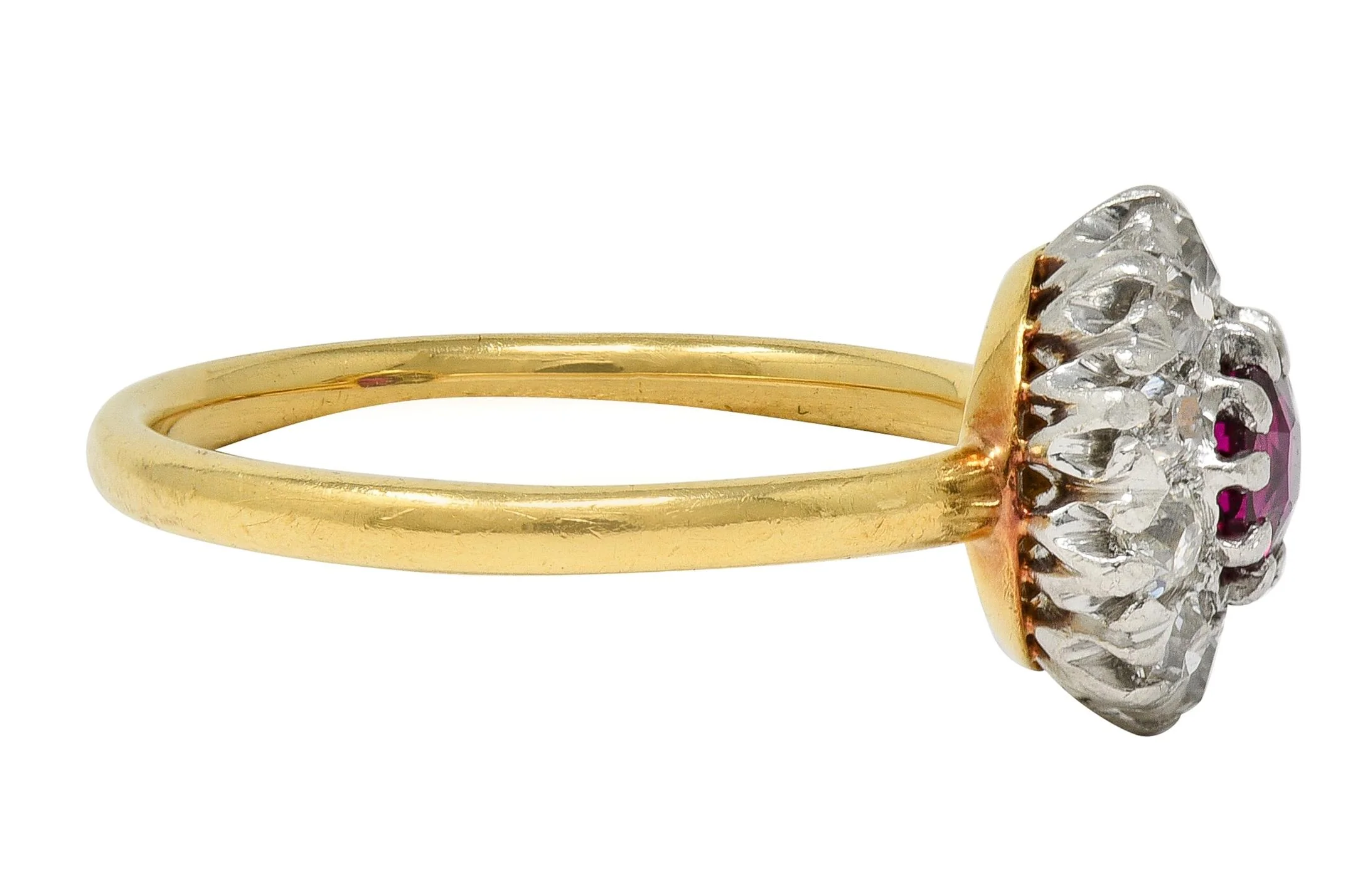 Edwardian Ruby Old Mine Diamond Platinum 18 Karat Yellow Gold Antique Halo Ring - Image 3