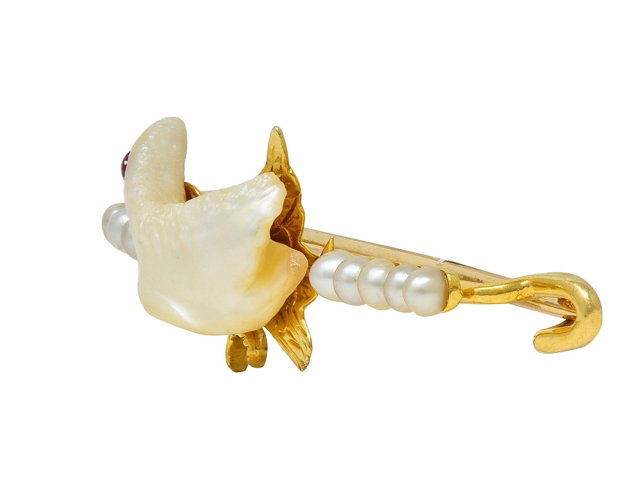 Edwardian Ruby Pearl 15 Karat Yellow Gold Antique Baroque Bird Bar Brooch - Image 3