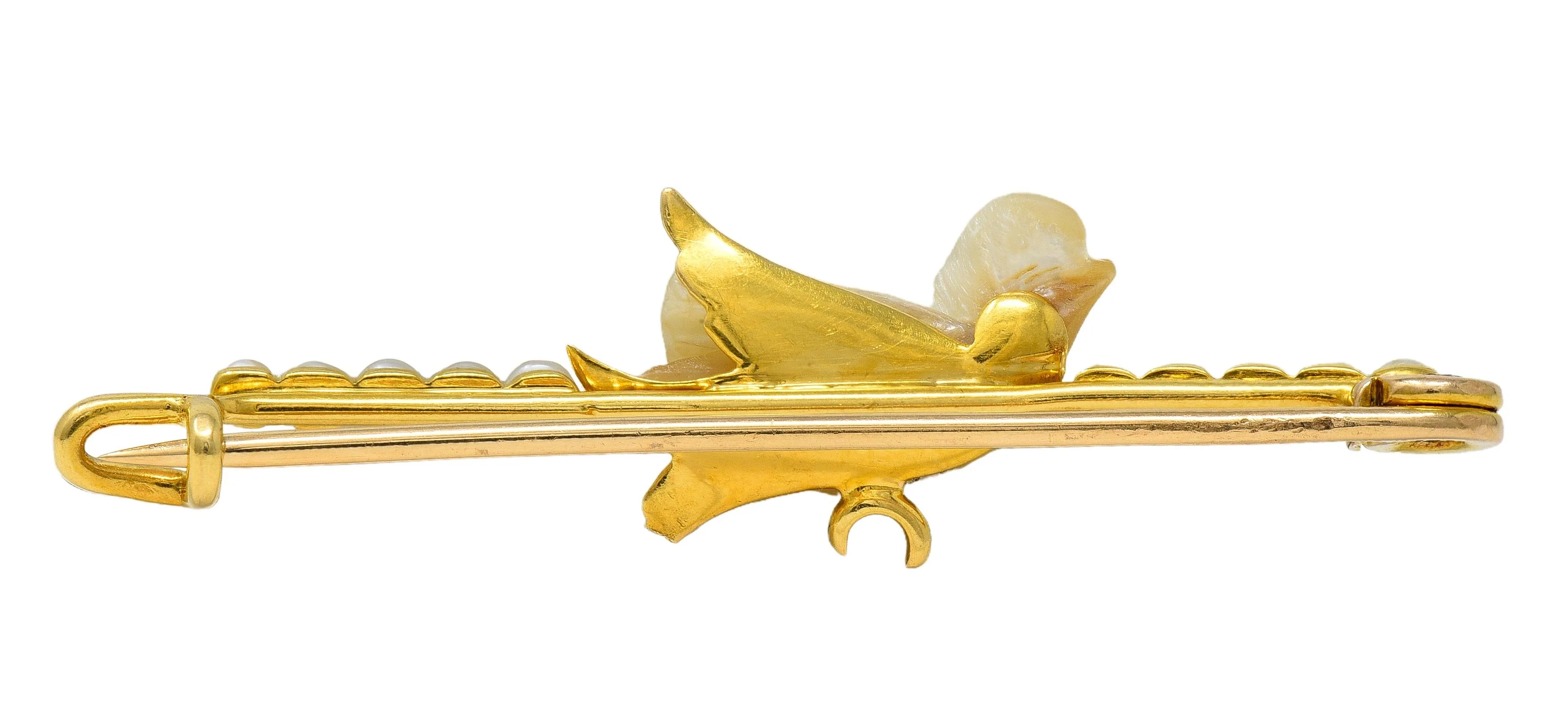 Edwardian Ruby Pearl 15 Karat Yellow Gold Antique Baroque Bird Bar Brooch - Image 4