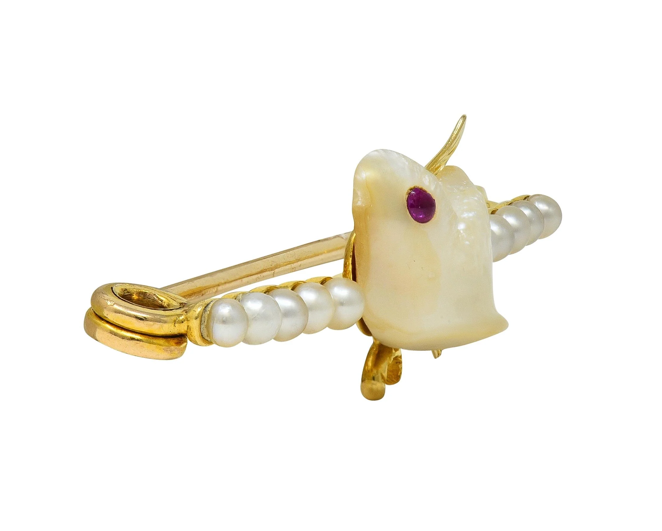 Edwardian Ruby Pearl 15 Karat Yellow Gold Antique Baroque Bird Bar Brooch - Image 5