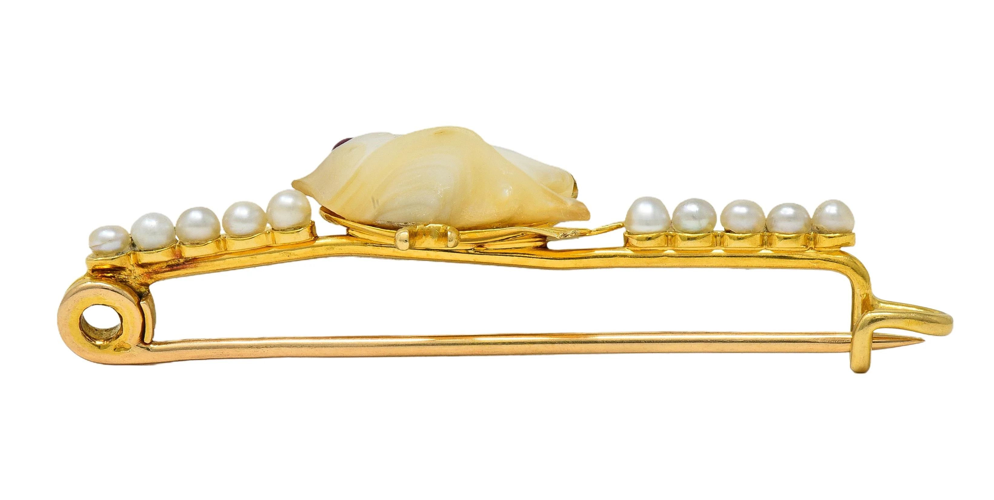 Edwardian Ruby Pearl 15 Karat Yellow Gold Antique Baroque Bird Bar Brooch - Image 6