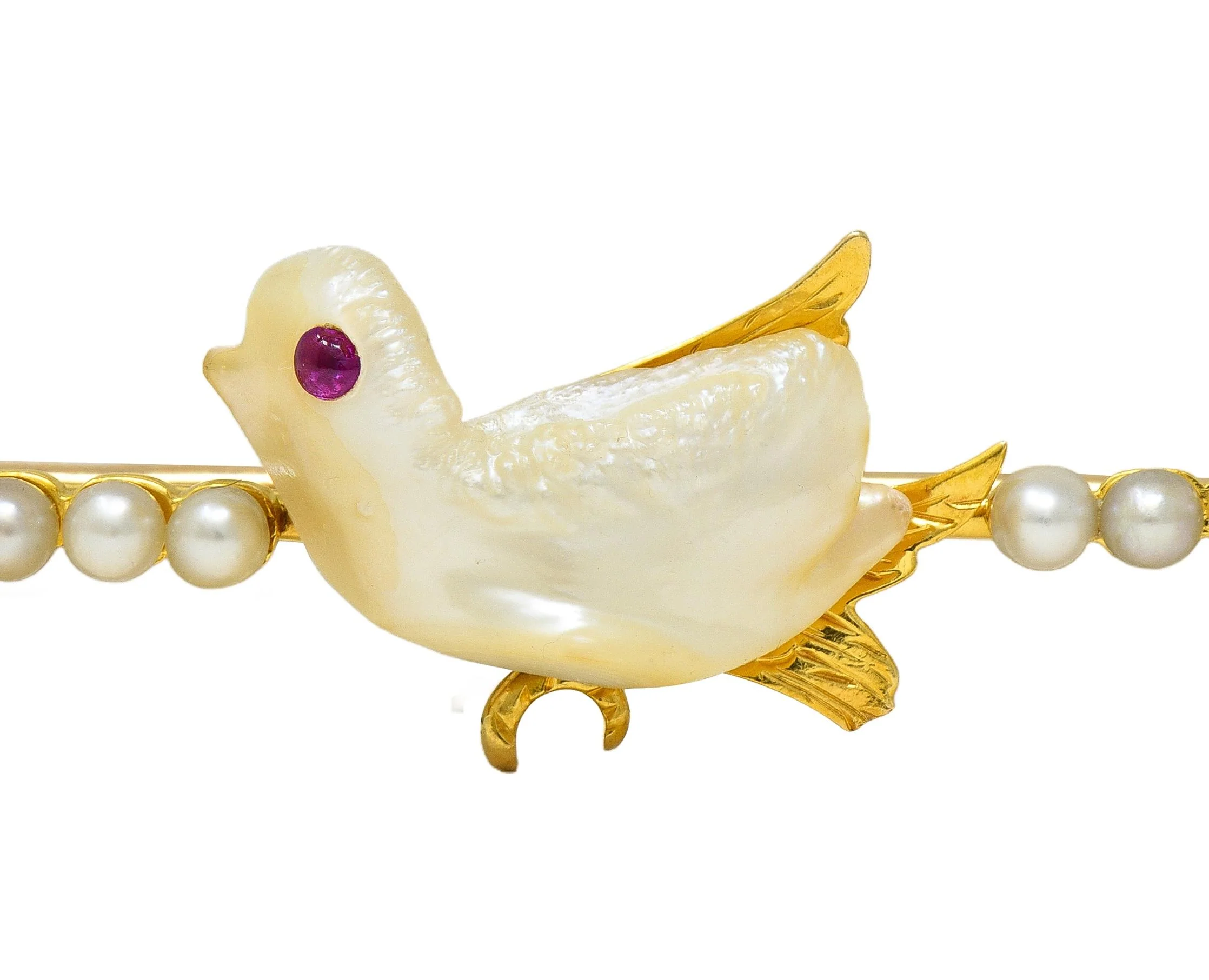Edwardian Ruby Pearl 15 Karat Yellow Gold Antique Baroque Bird Bar Brooch - Image 8