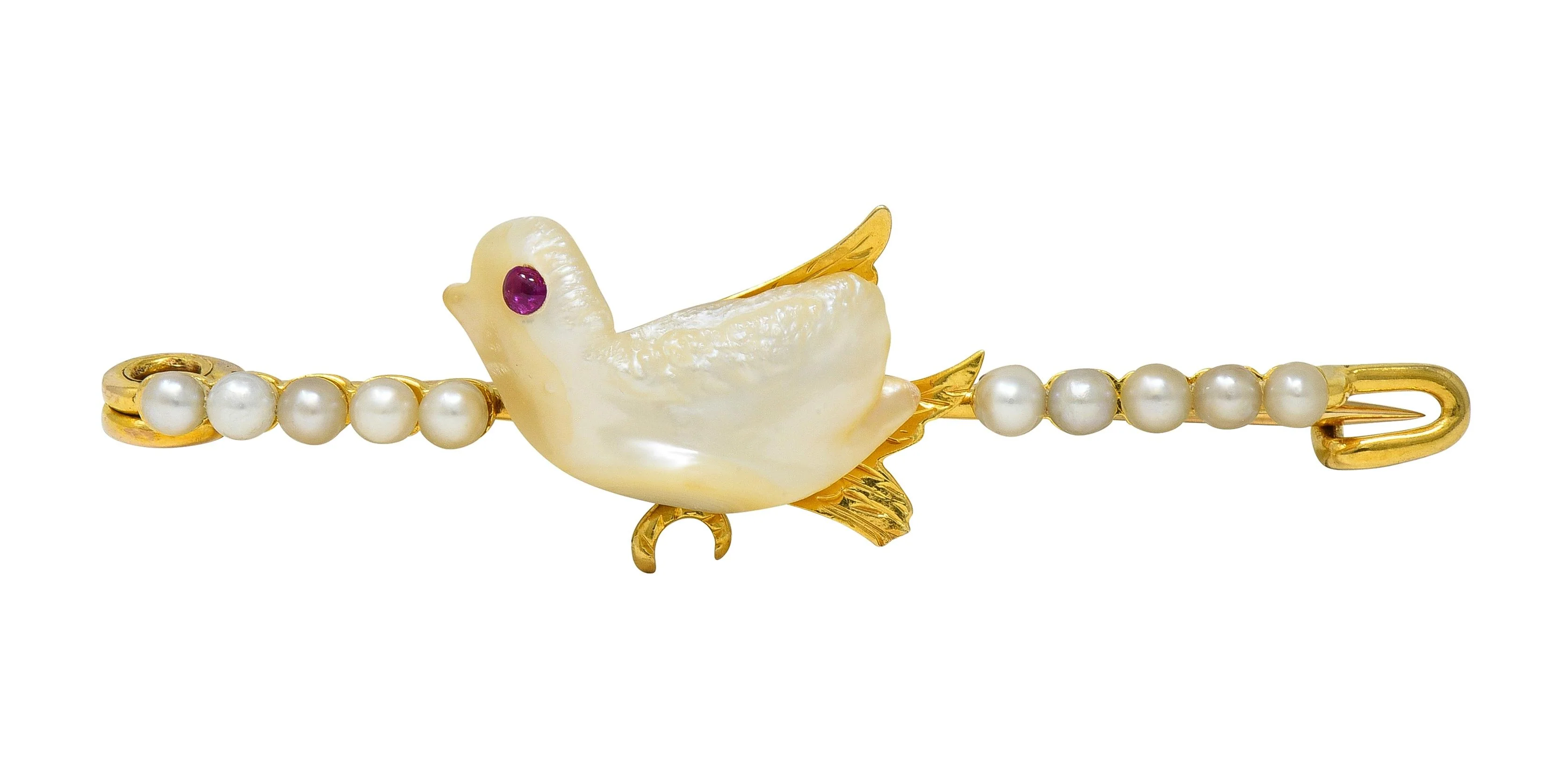 Edwardian Ruby Pearl 15 Karat Yellow Gold Antique Baroque Bird Bar Brooch - Image 9