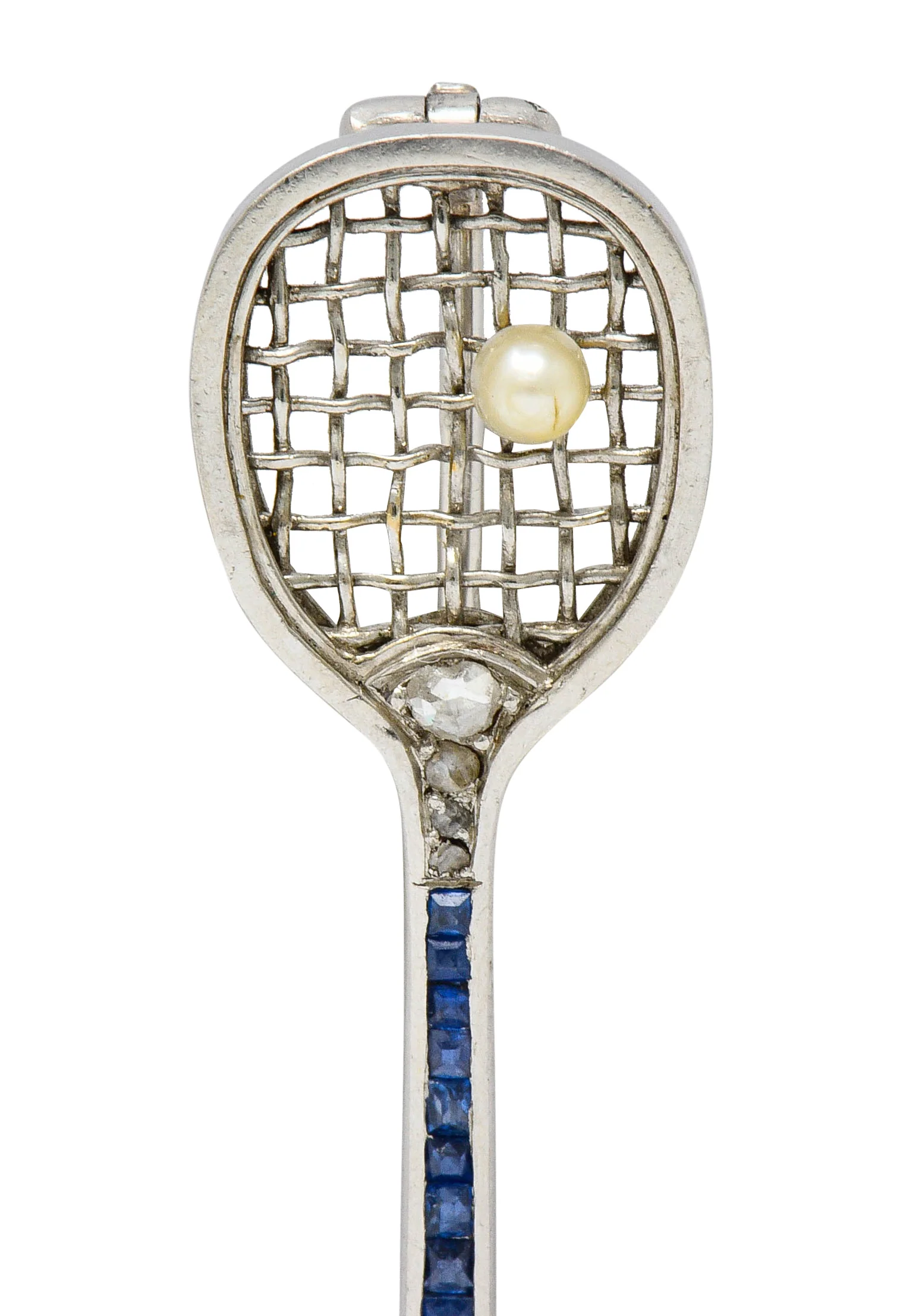 Edwardian Sapphire Diamond Pearl Platinum Tennis Racket Brooch - Image 6