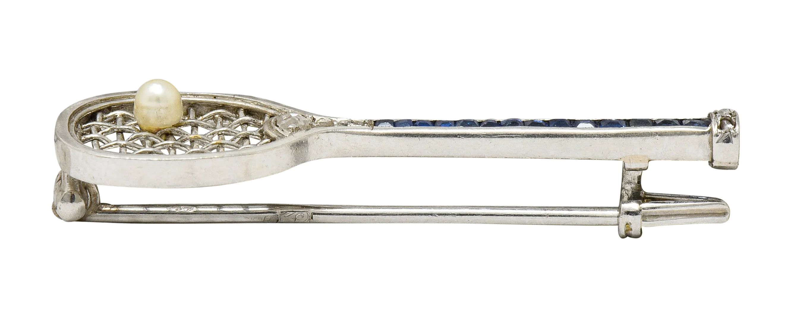 Edwardian Sapphire Diamond Pearl Platinum Tennis Racket Brooch - Image 8
