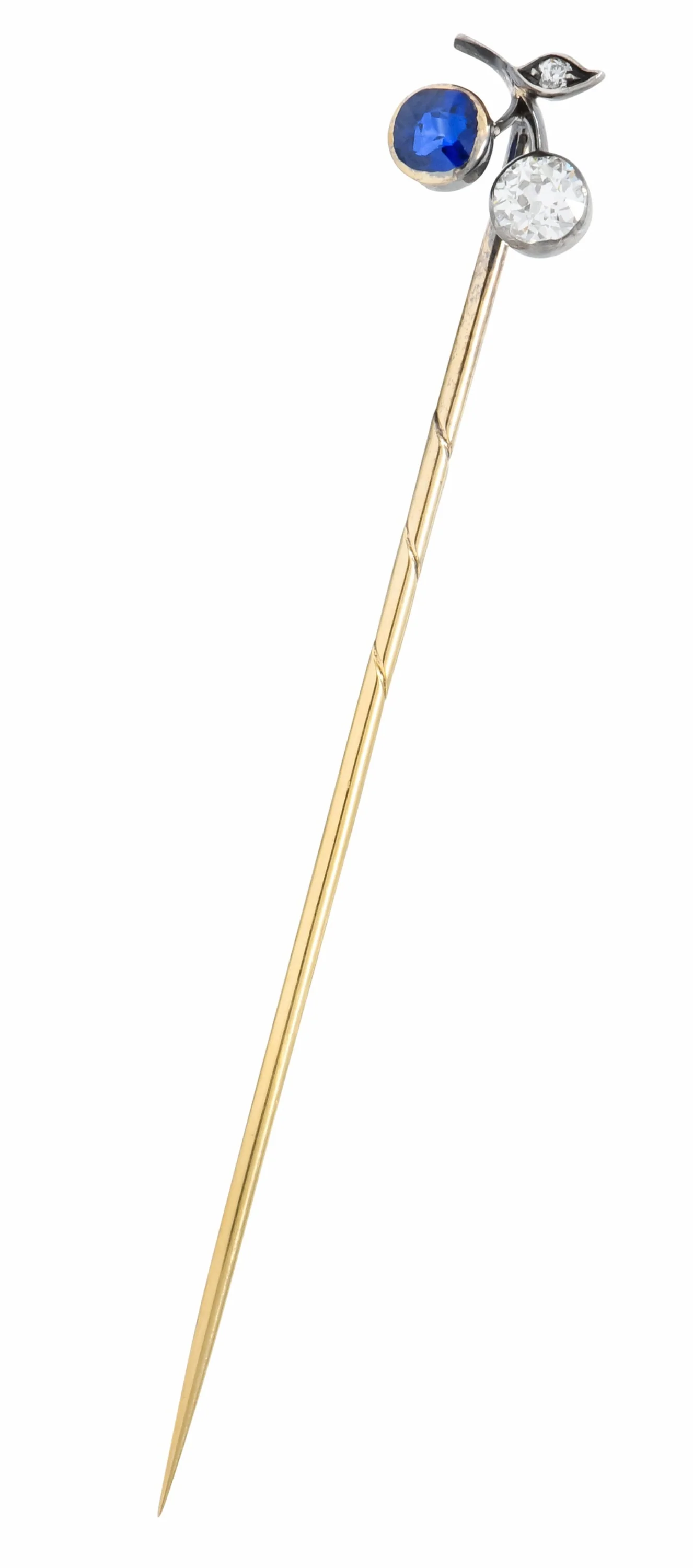 Edwardian Sapphire Diamond Platinum-Topped 14 Karat Gold Cherry Stickpin - Image 2