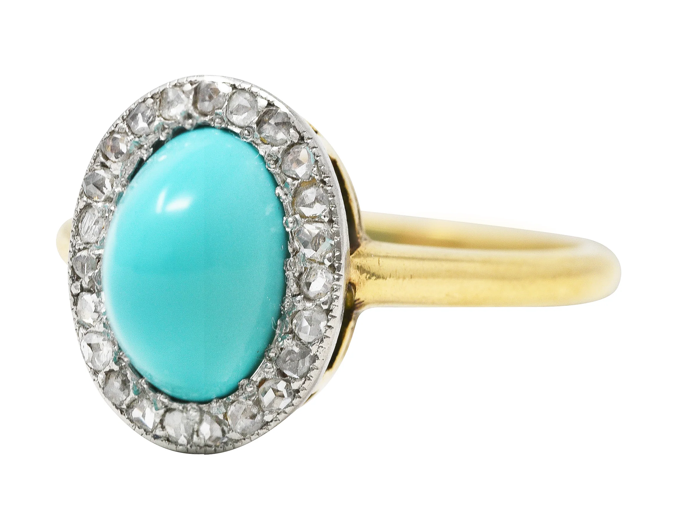 Edwardian Turquoise Cabochon Diamond Platinum-Topped 18 Karat Yellow Gold Antique Halo Ring - Image 6