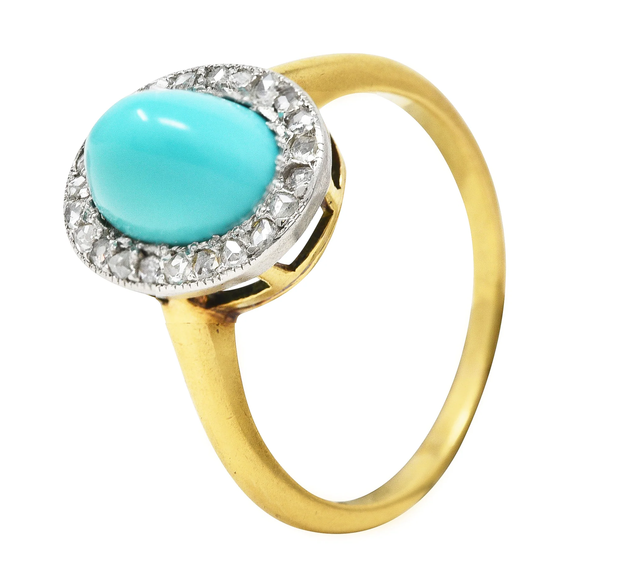 Edwardian Turquoise Cabochon Diamond Platinum-Topped 18 Karat Yellow Gold Antique Halo Ring - Image 8