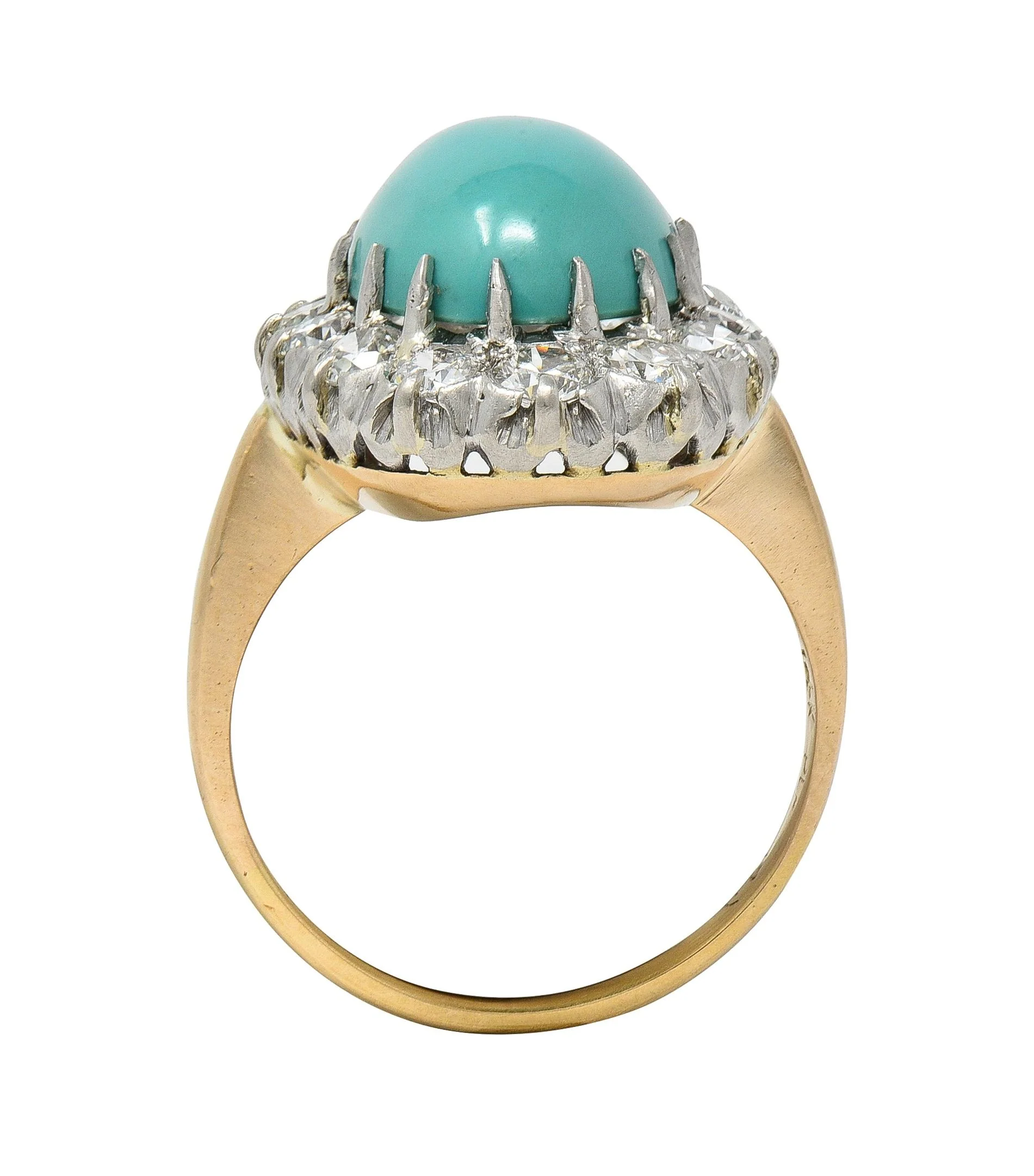 Edwardian Turquoise Diamond Platinum 14 Karat Yellow Gold Antique Halo Ring - Image 6