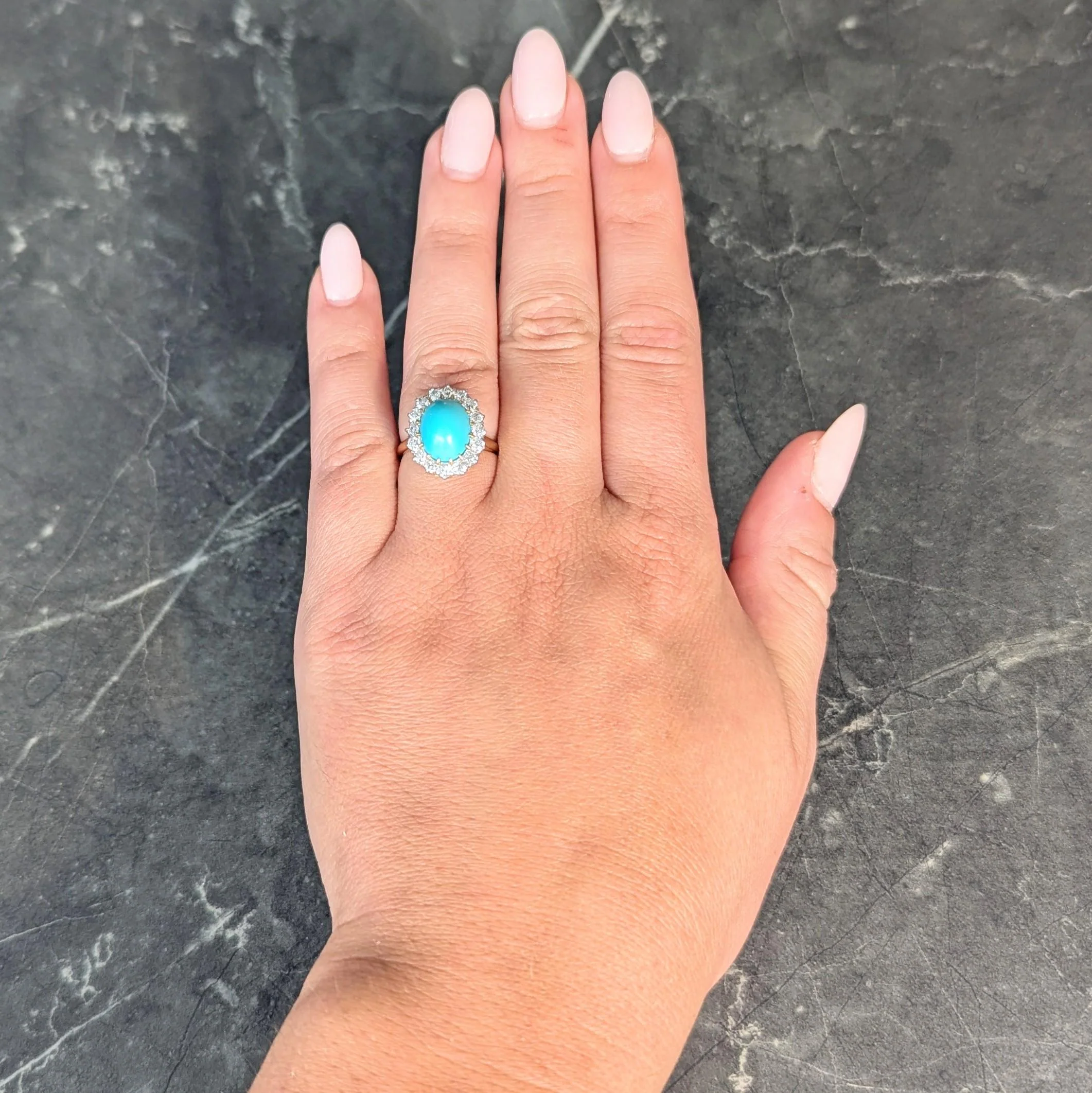 Edwardian Turquoise Old European Diamond Platinum 14 Karat Yellow Gold Antique Halo Ring - Image 13