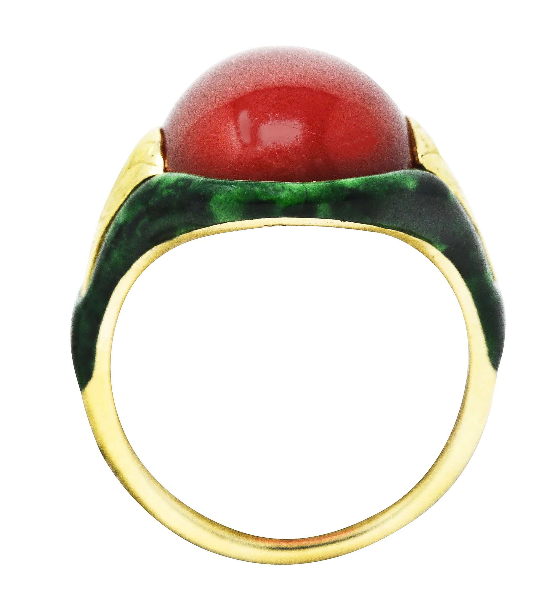 Egyptian Revival Art Deco Carnelian Enamel 14 Karat Gold Lotus Ring - Image 8