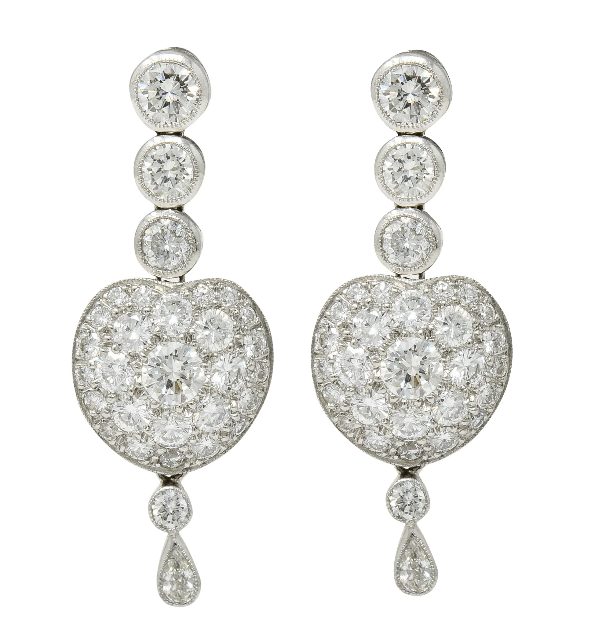 Elegant 3.10 CTW Pave Diamond Platinum Heart Drop Earrings