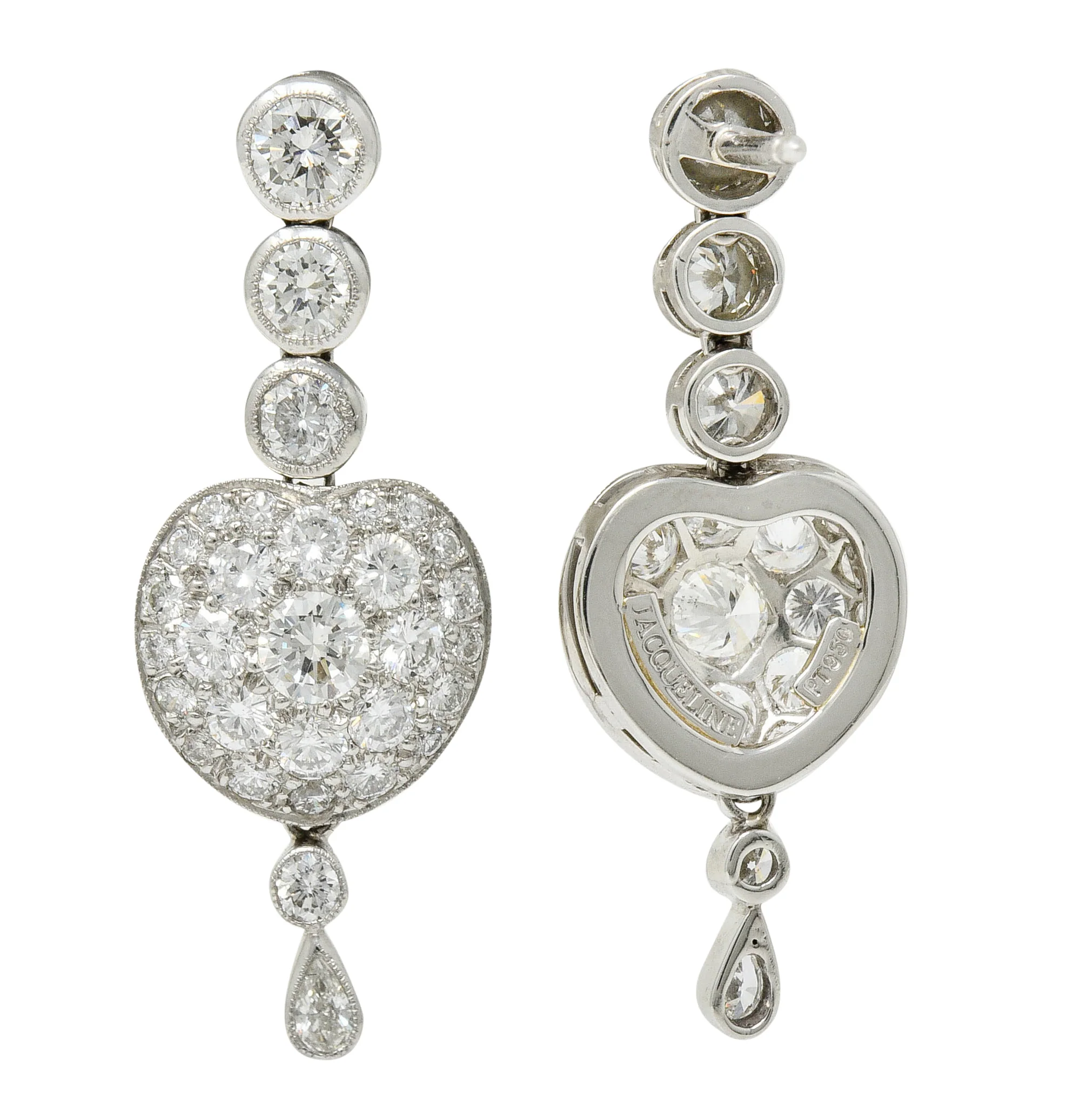 Elegant 3.10 CTW Pave Diamond Platinum Heart Drop Earrings - Image 5