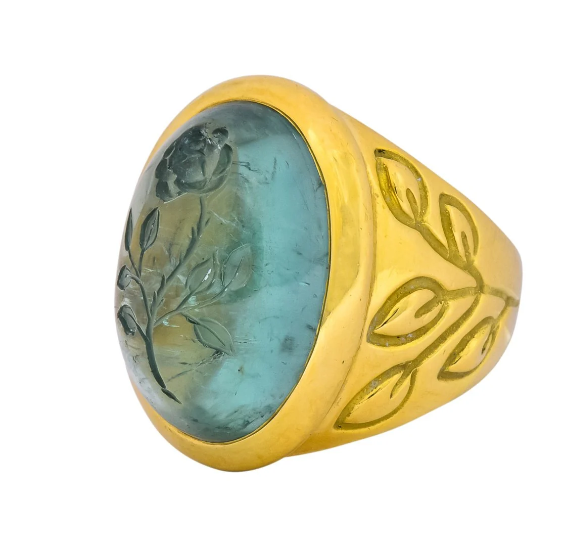 Elizabeth Gage British 1999 Vintage Aquamarine 18 Karat Gold Rose Ring - Image 6
