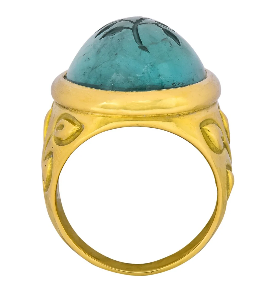 Elizabeth Gage British 1999 Vintage Aquamarine 18 Karat Gold Rose Ring - Image 8
