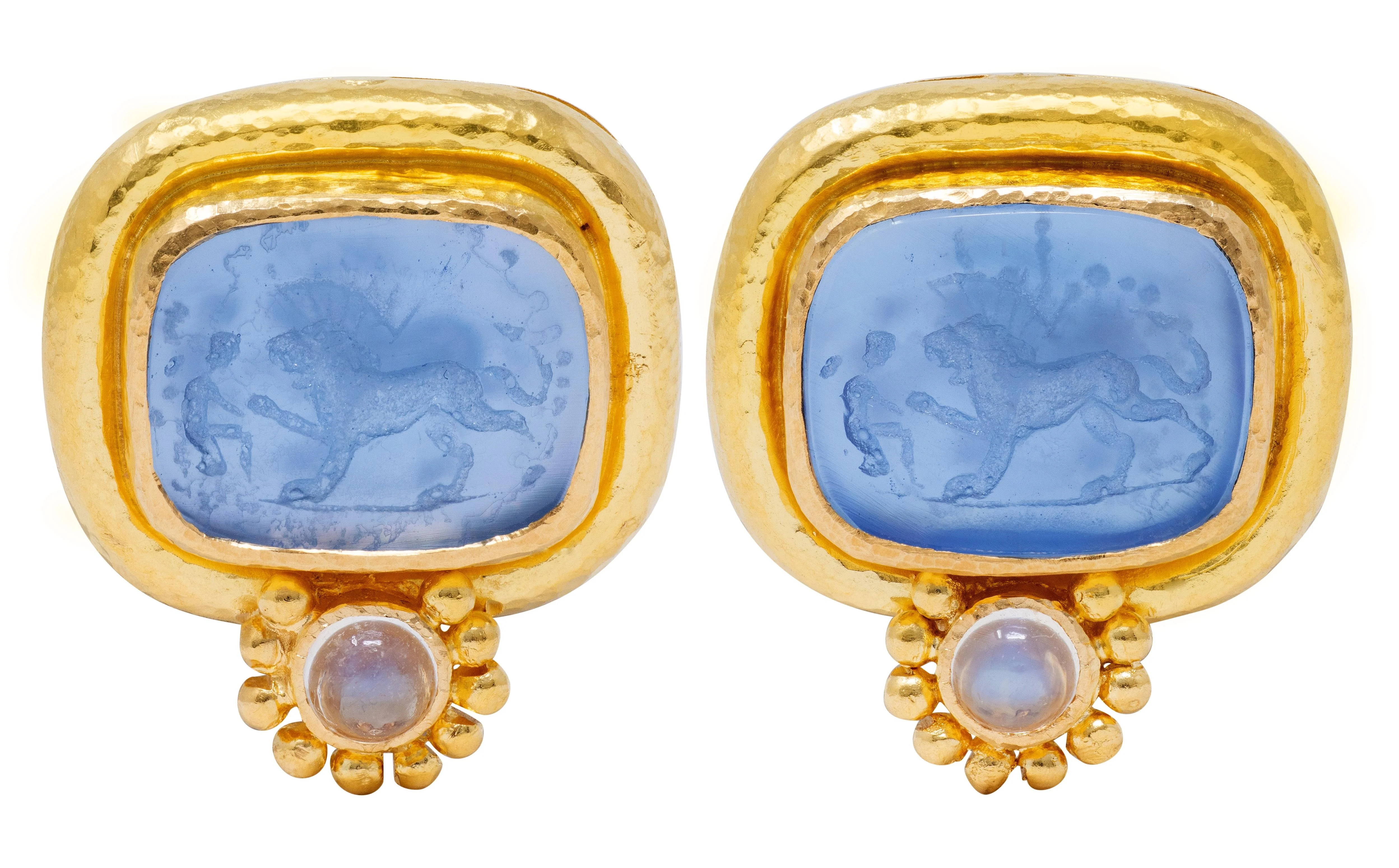 Elizabeth Locke 2000's Moonstone Venetian Glass Mother-Of-Pearl 19 Karat Yellow Gold Intaglio Earrings