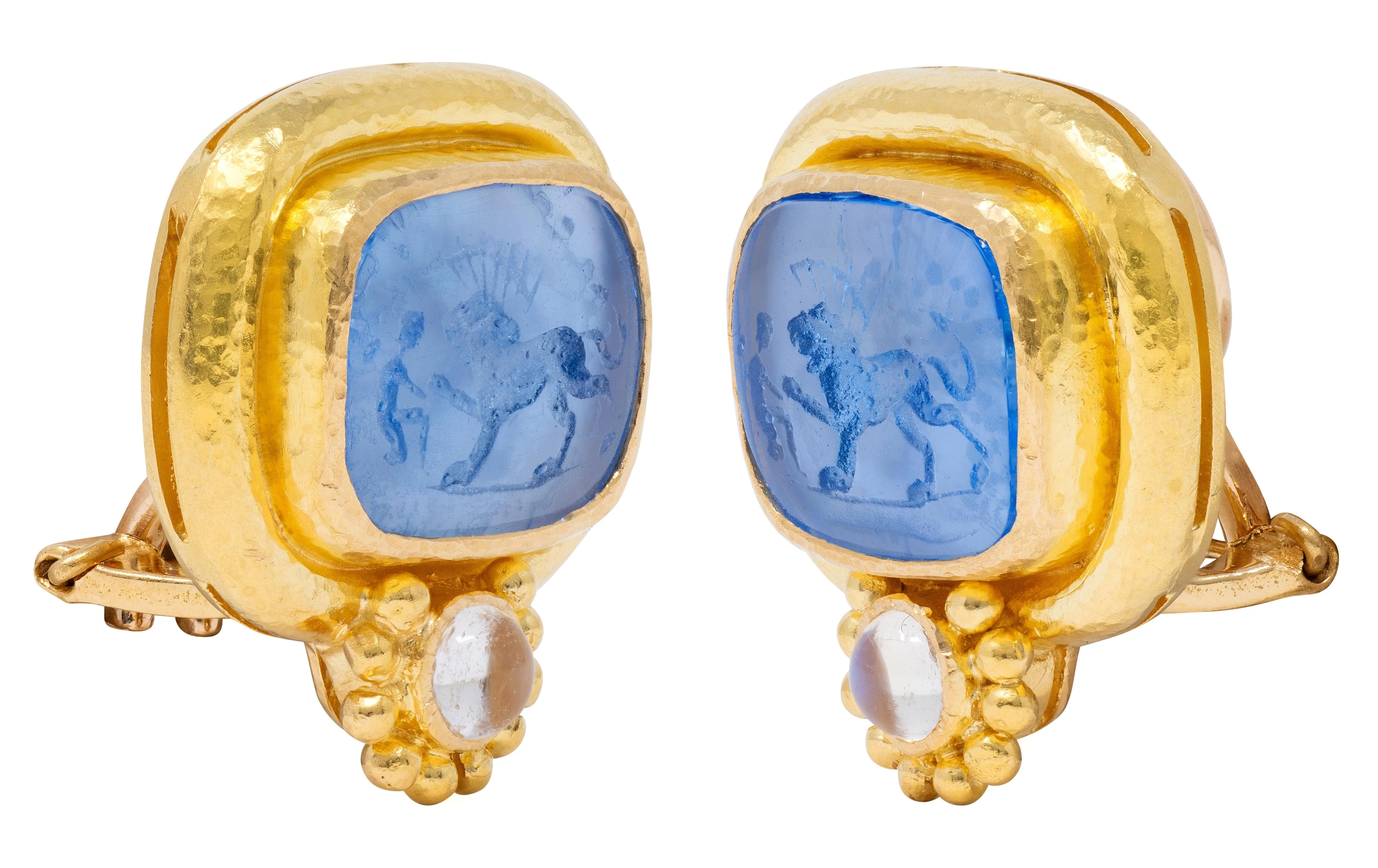 Elizabeth Locke 2000's Moonstone Venetian Glass Mother-Of-Pearl 19 Karat Yellow Gold Intaglio Earrings - Image 8