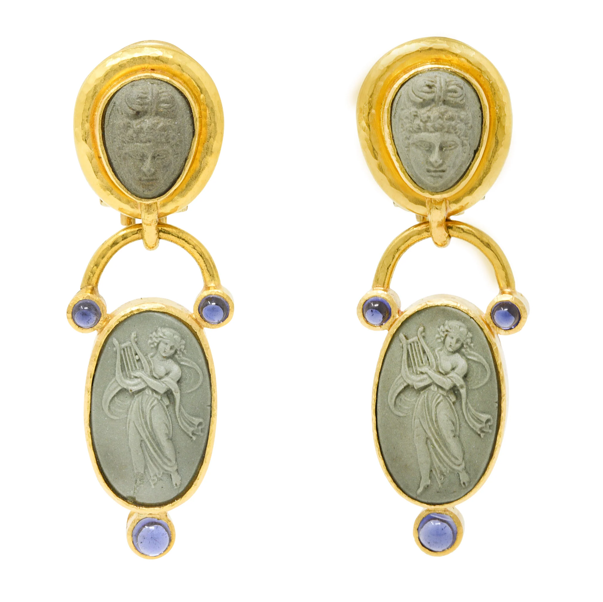 Elizabeth Locke Carved Hardstone Iolite 18 Karat Gold Cameo Drop Earrings