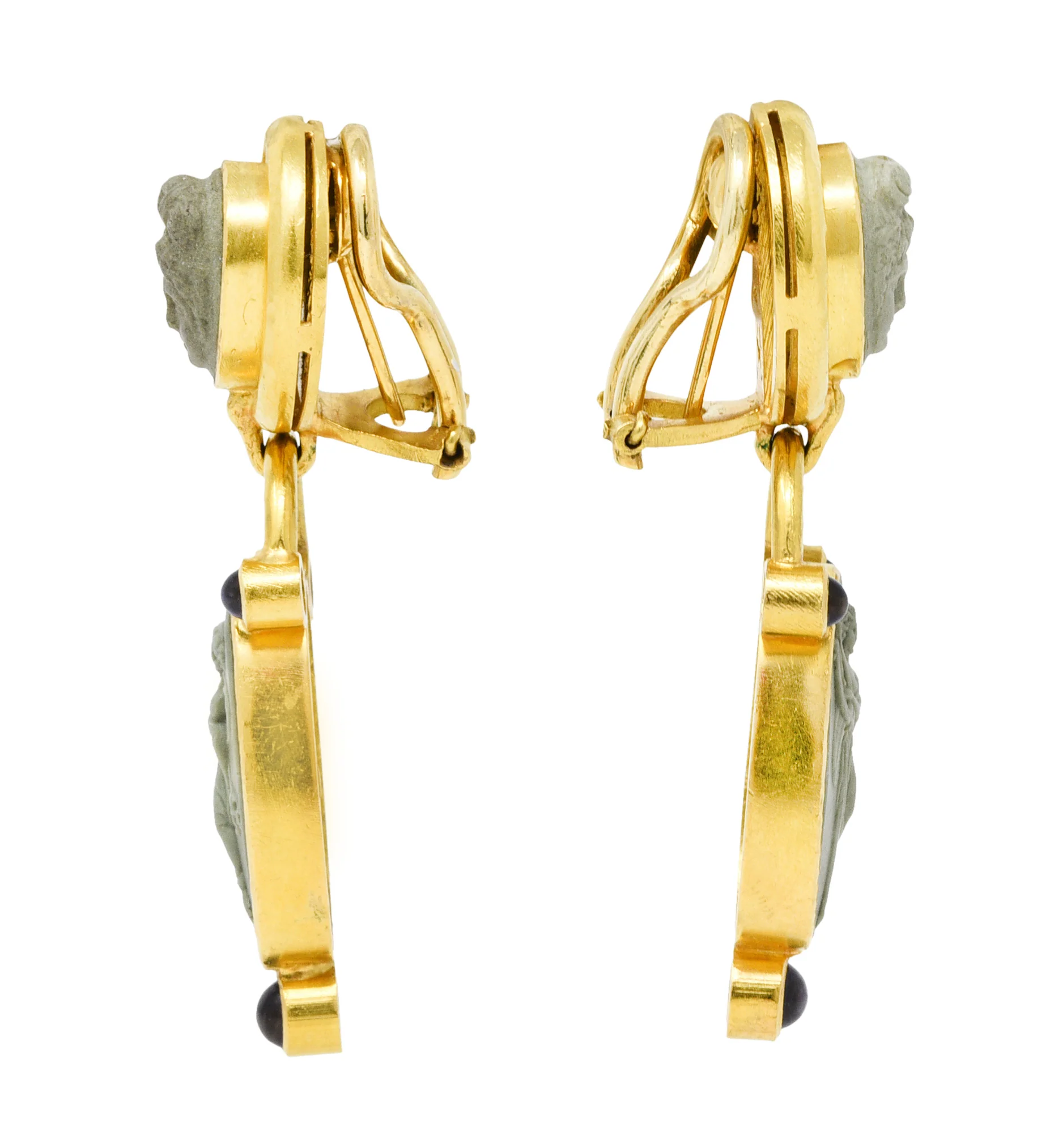 Elizabeth Locke Carved Hardstone Iolite 18 Karat Gold Cameo Drop Earrings - Image 2