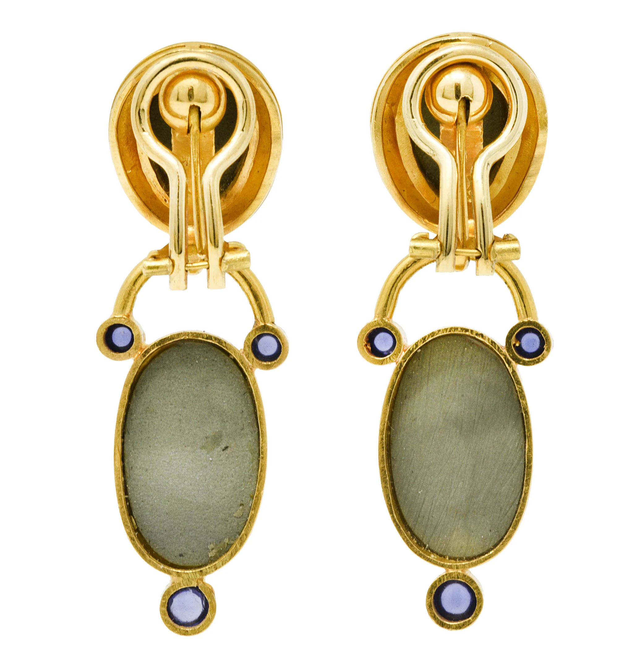 Elizabeth Locke Carved Hardstone Iolite 18 Karat Gold Cameo Drop Earrings - Image 3