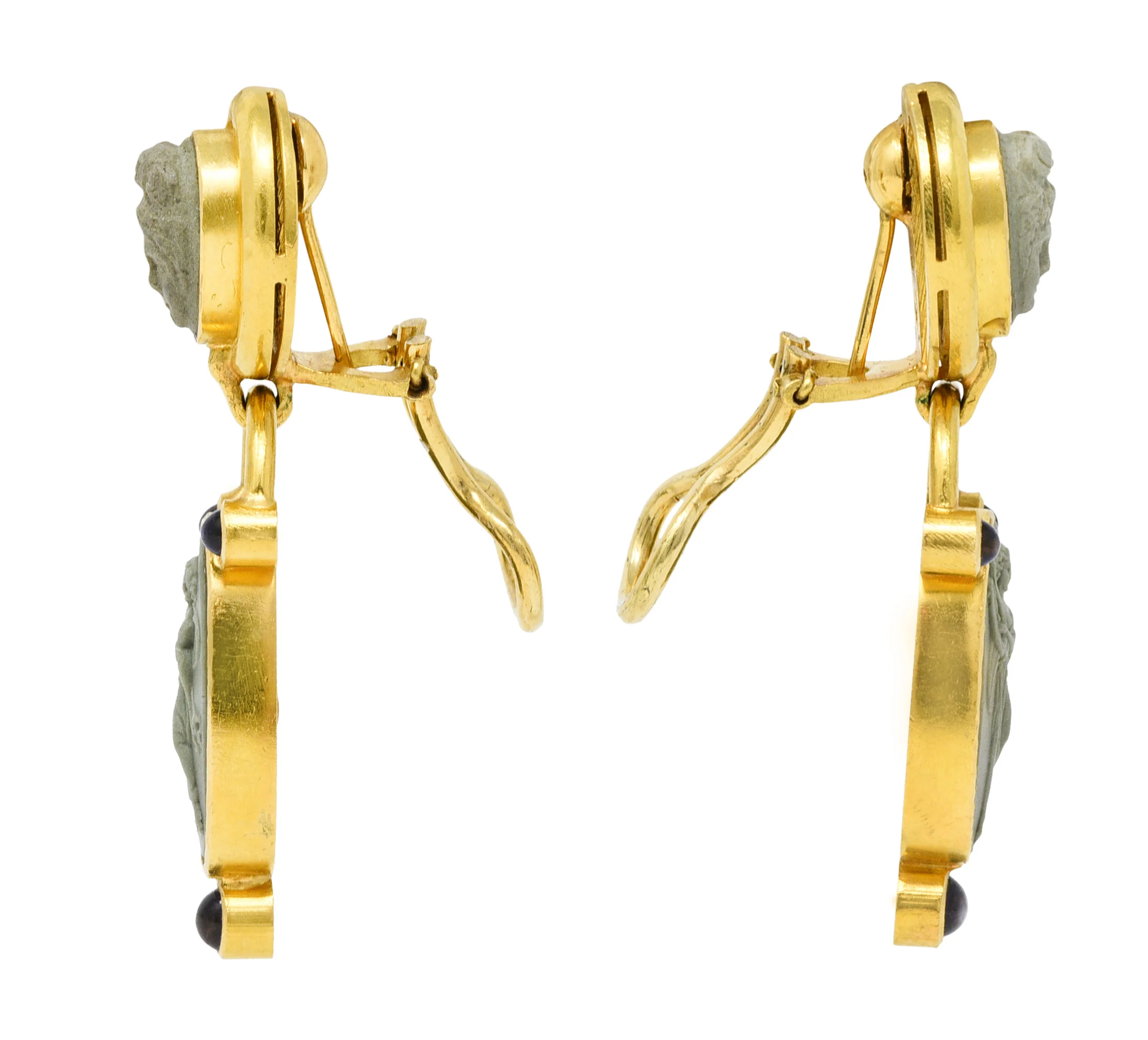 Elizabeth Locke Carved Hardstone Iolite 18 Karat Gold Cameo Drop Earrings - Image 4