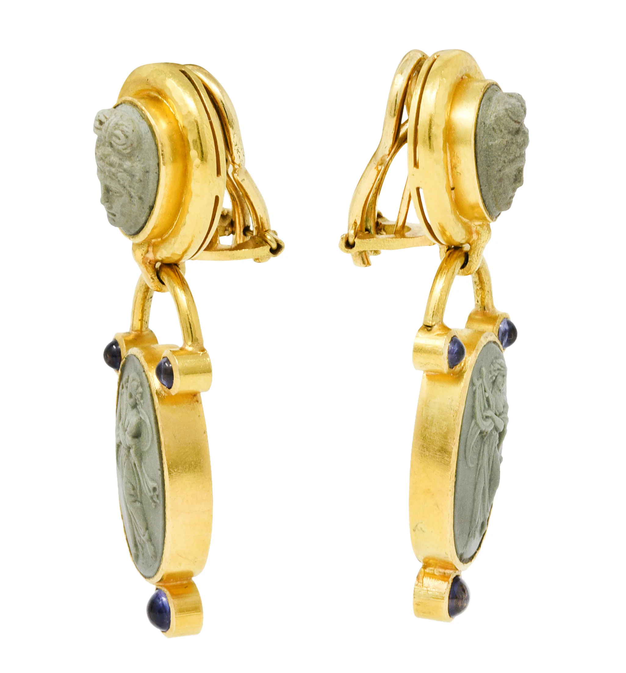 Elizabeth Locke Carved Hardstone Iolite 18 Karat Gold Cameo Drop Earrings - Image 6