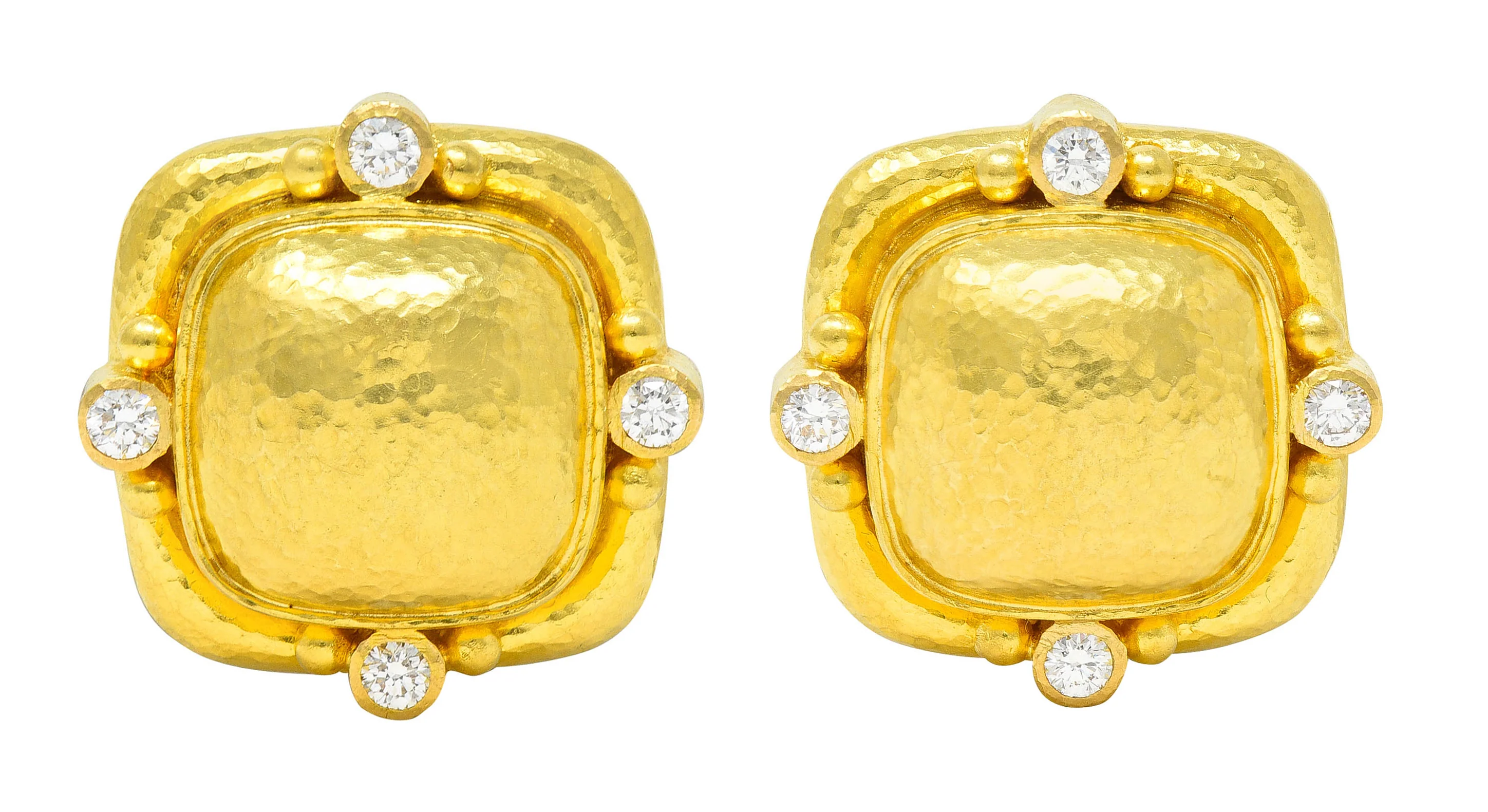 Elizabeth Locke Diamond 19 Karat Hammered Gold Cushion Earrings