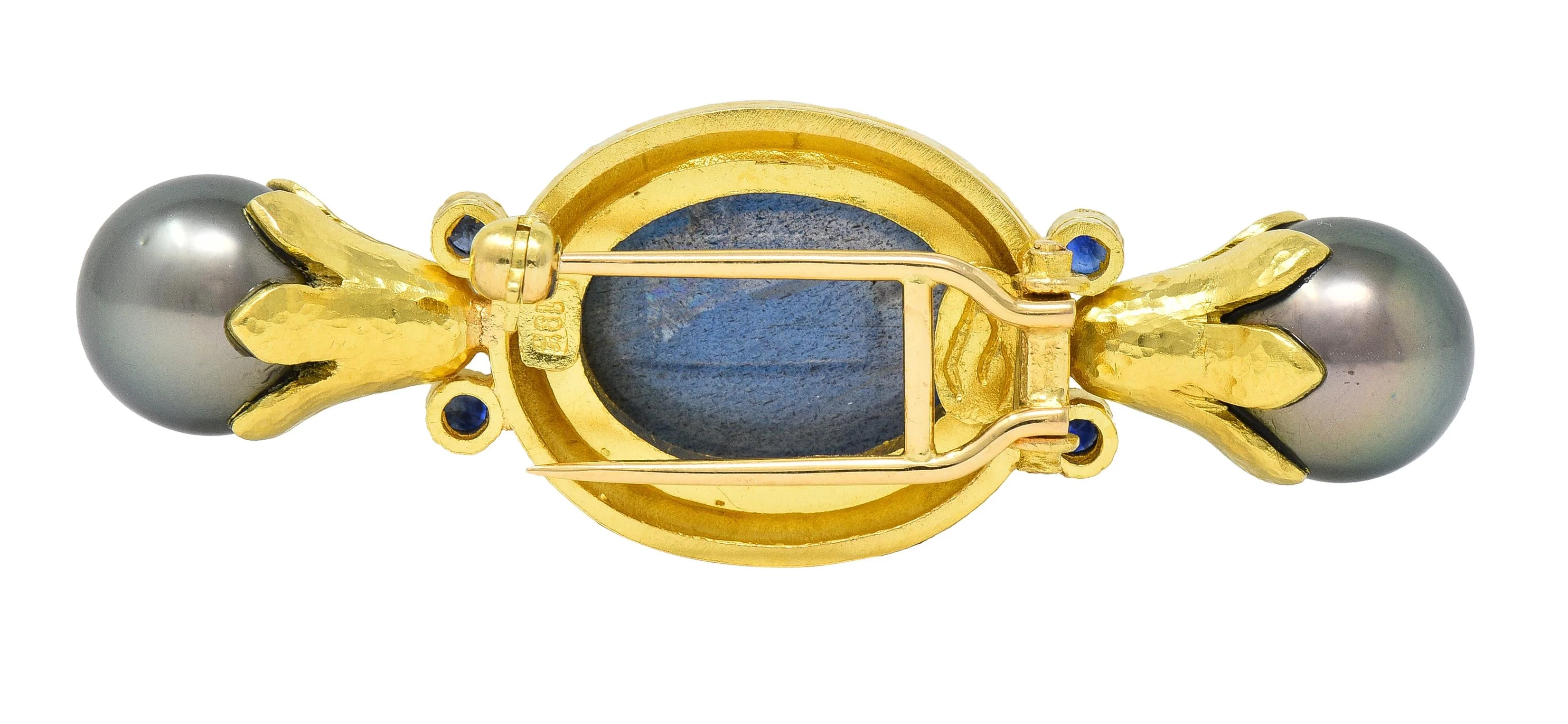 Elizabeth Locke Labradorite Pearl Sapphire 18 Karat Yellow Gold Bar Brooch - Image 4