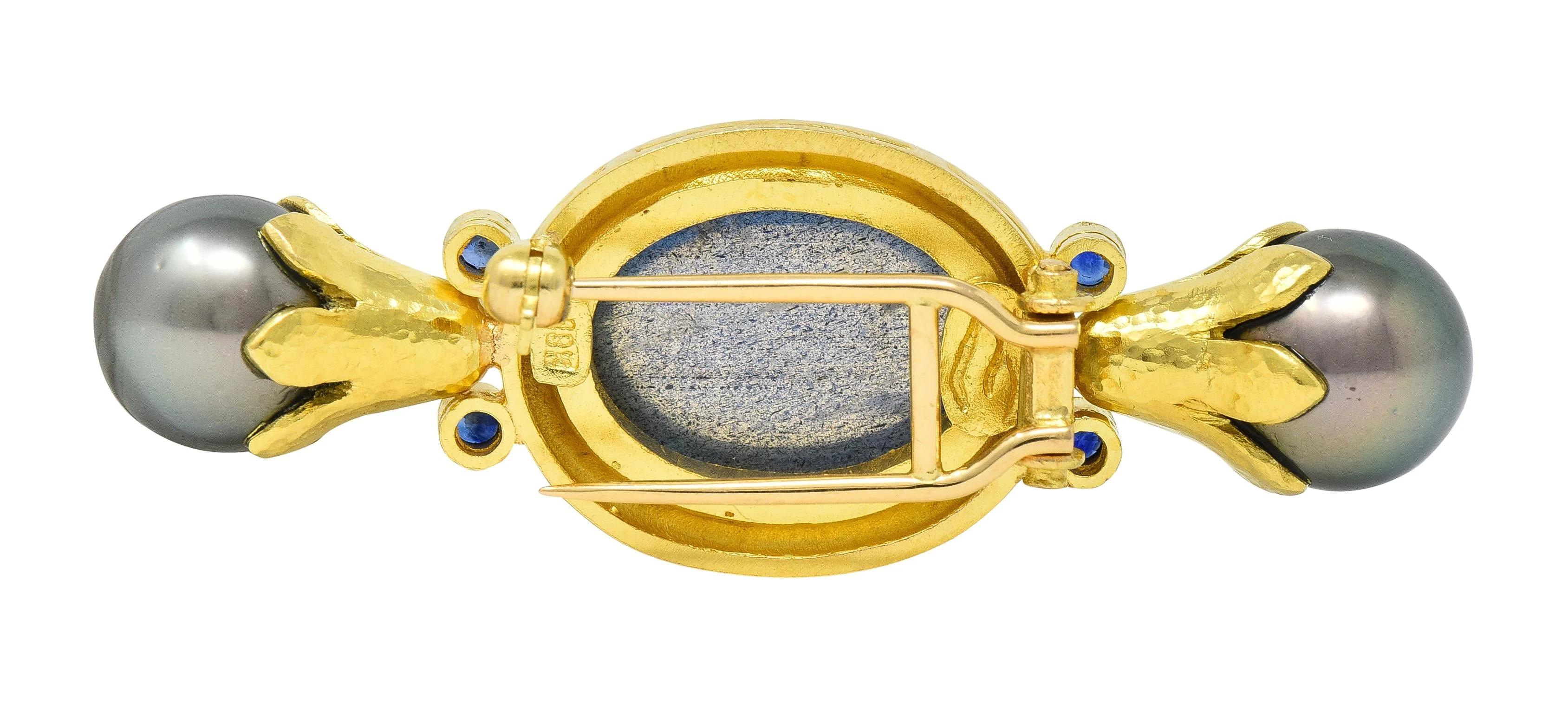 Elizabeth Locke Labradorite Pearl Sapphire 18 Karat Yellow Gold Bar Brooch - Image 5