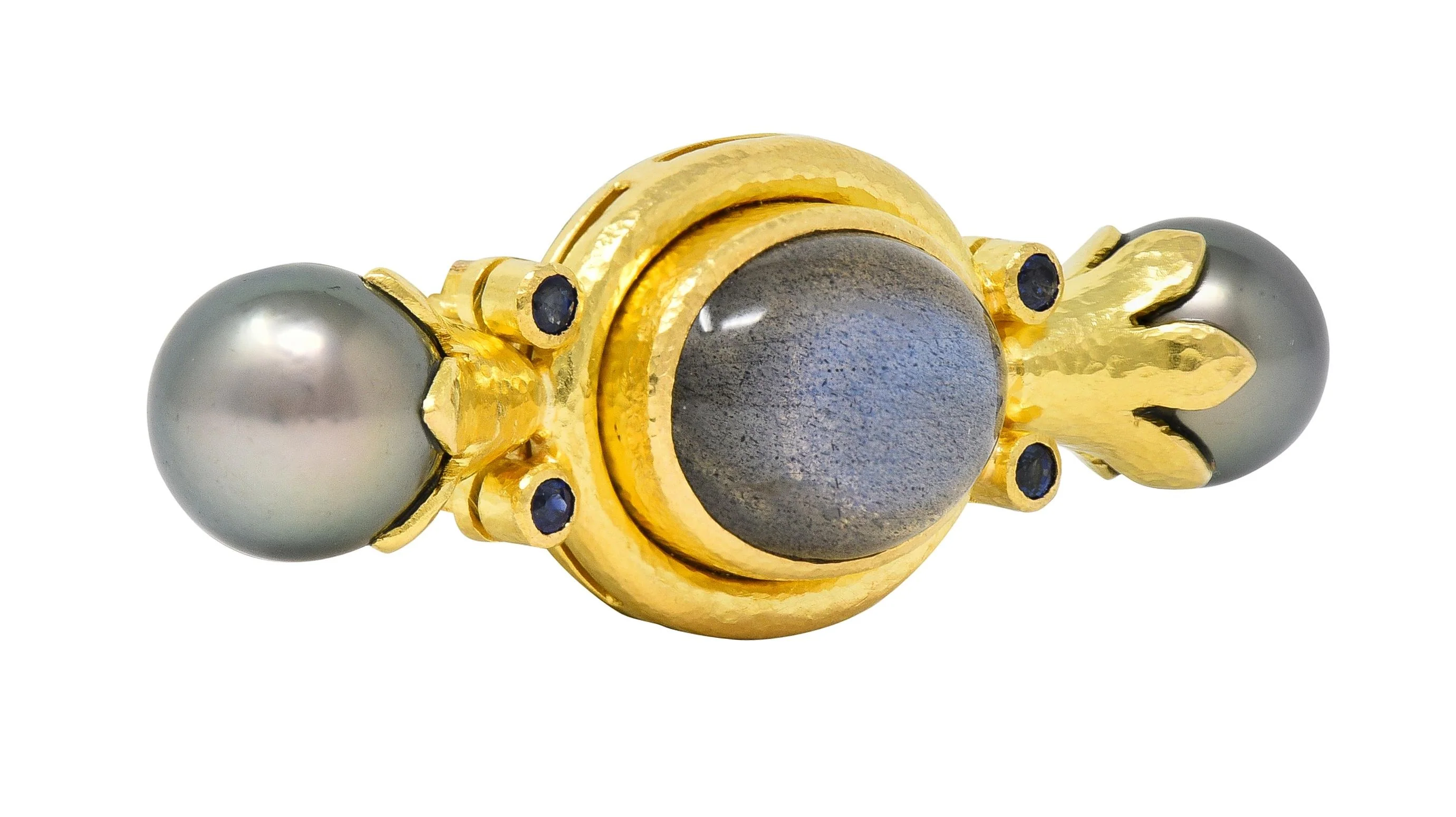 Elizabeth Locke Labradorite Pearl Sapphire 18 Karat Yellow Gold Bar Brooch - Image 6