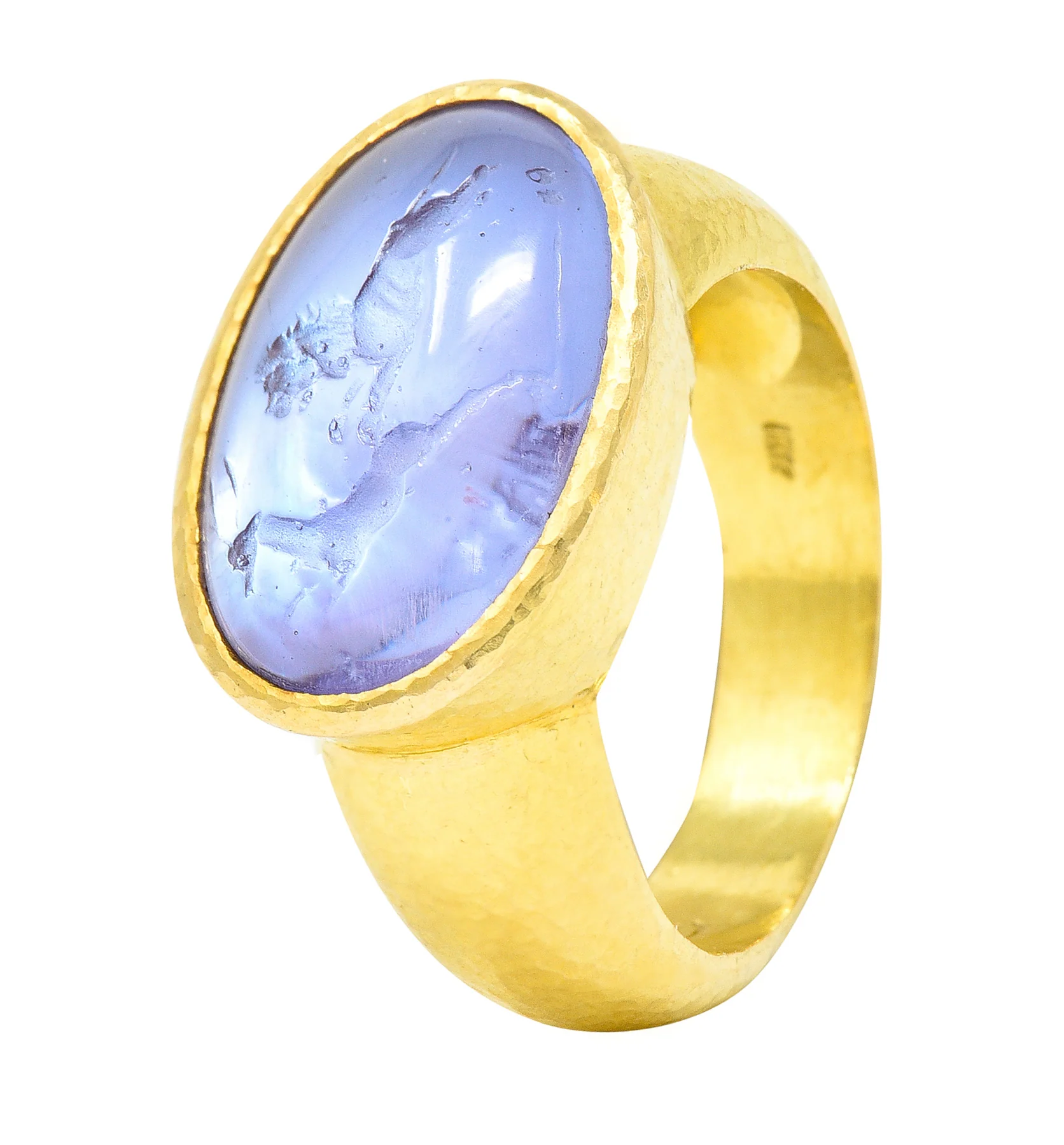Elizabeth Locke Lavender Venetian Glass Mother-Of-Pearl 18 Karat Yellow Gold Lion & Gazelle Intaglio Vintage Signet Ring - Image 3