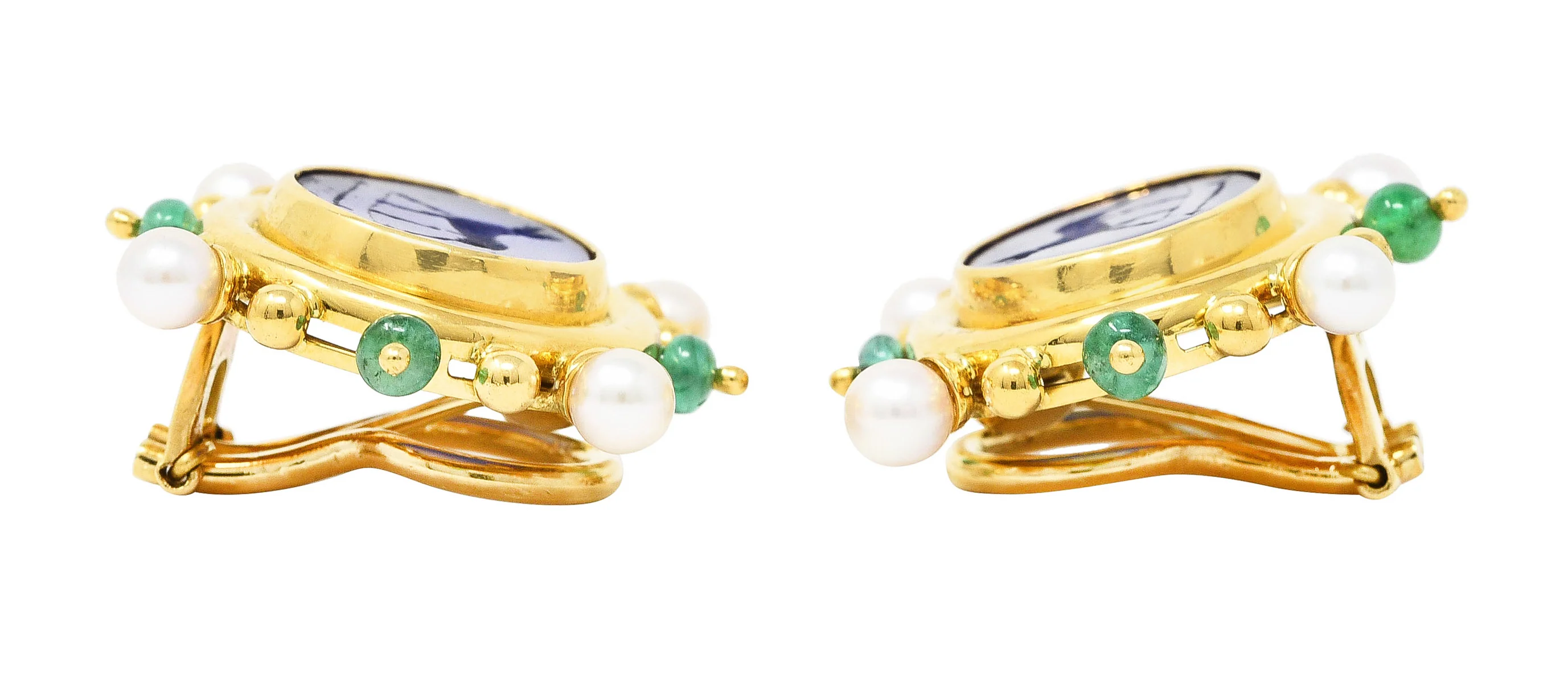 Elizabeth Locke Pearl Emerald Blue Venetian Glass Dog Intaglio 18 Karat Yellow Gold Earrings - Image 7