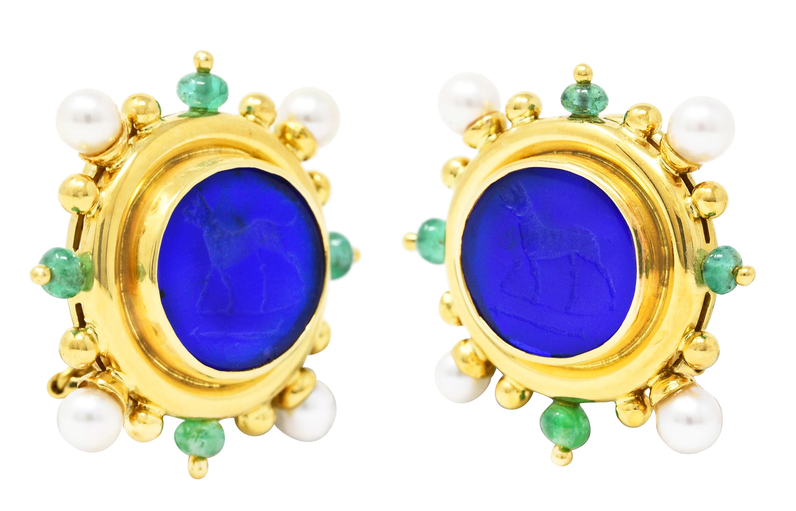 Elizabeth Locke Pearl Emerald Blue Venetian Glass Dog Intaglio 18 Karat Yellow Gold Earrings - Image 8