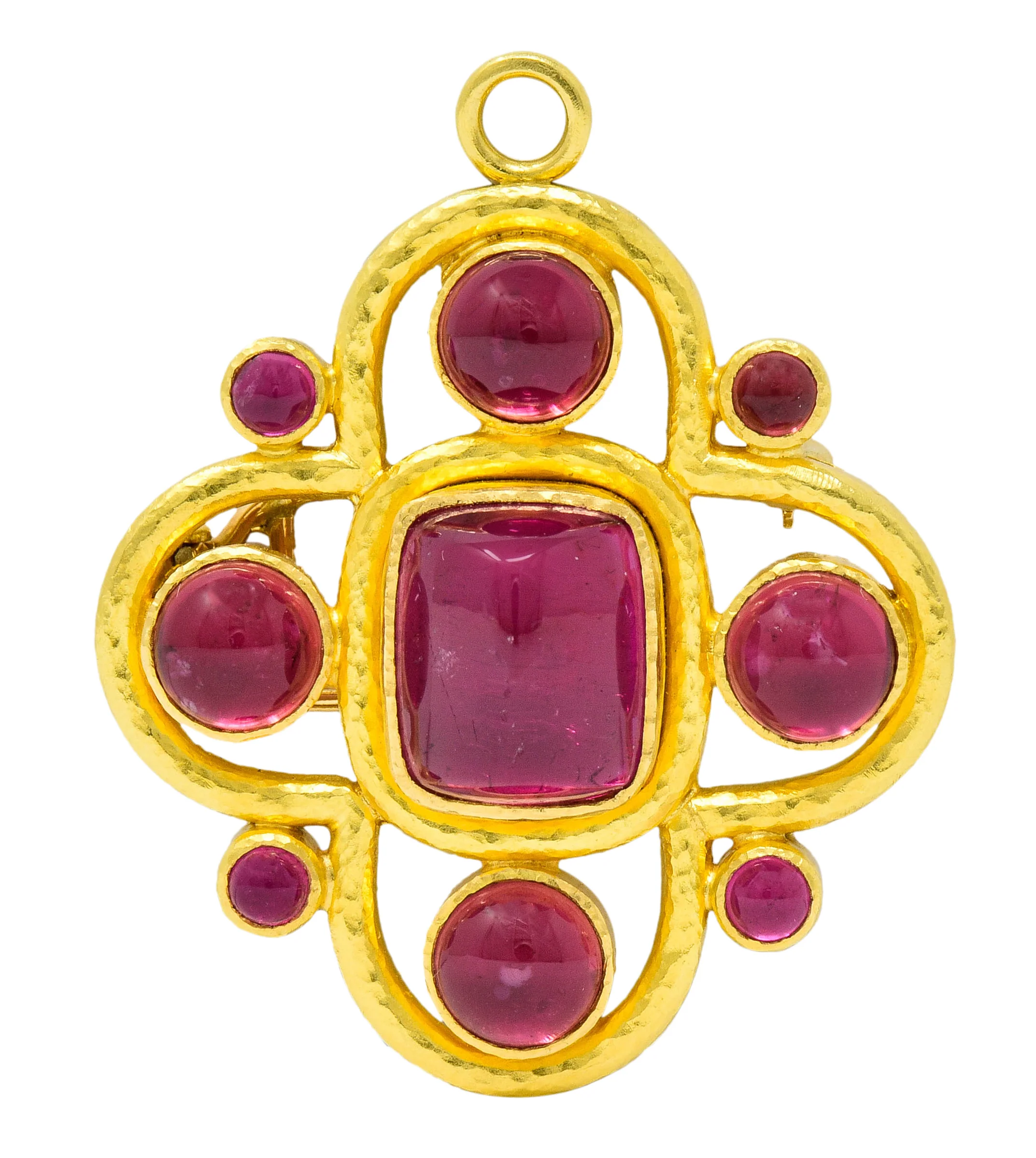 Elizabeth Locke Pink Tourmaline 19 Karat Hammered Gold Quatrefoil Pendant Brooch