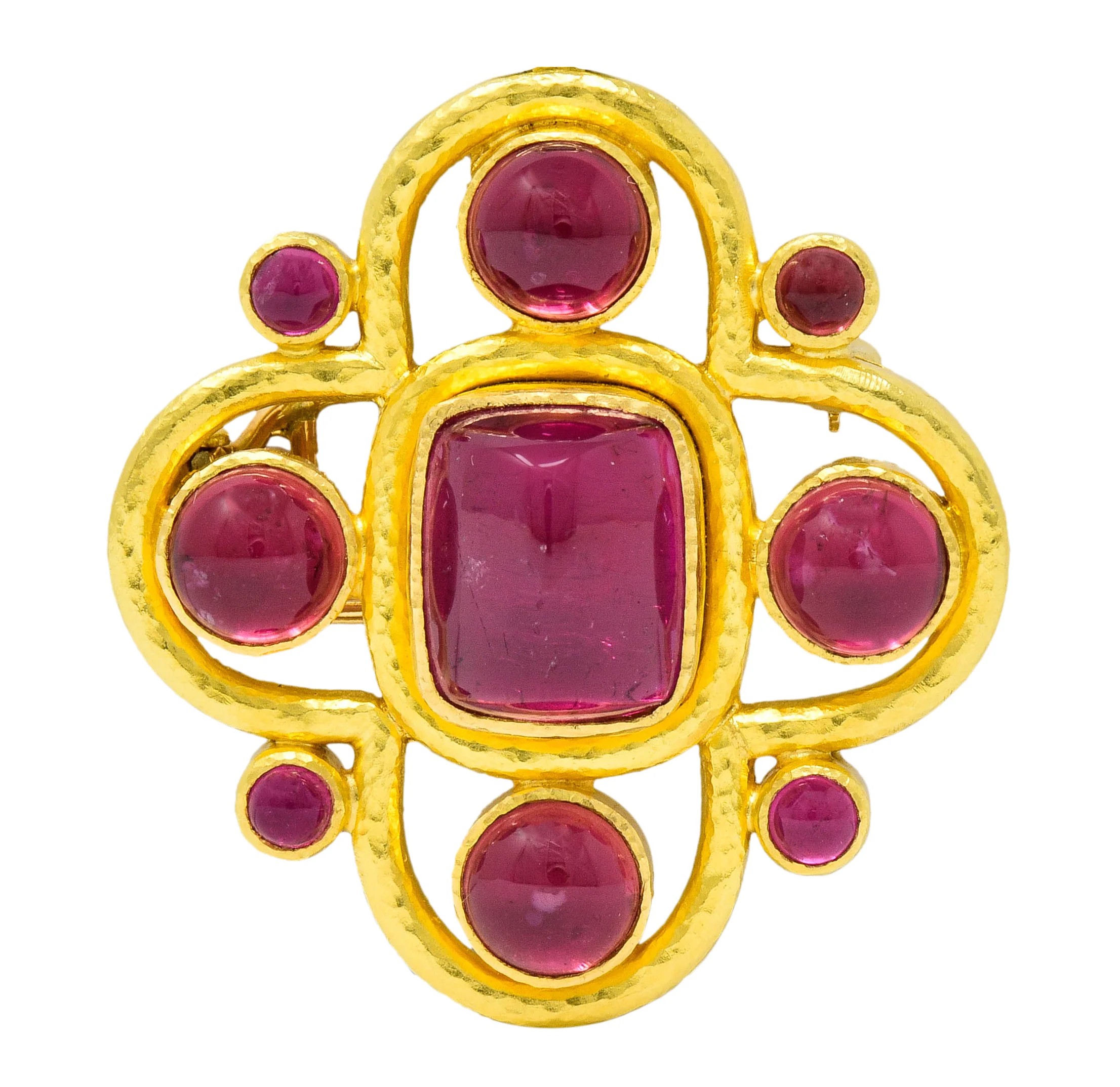 Elizabeth Locke Pink Tourmaline 19 Karat Hammered Gold Quatrefoil Pendant Brooch - Image 2