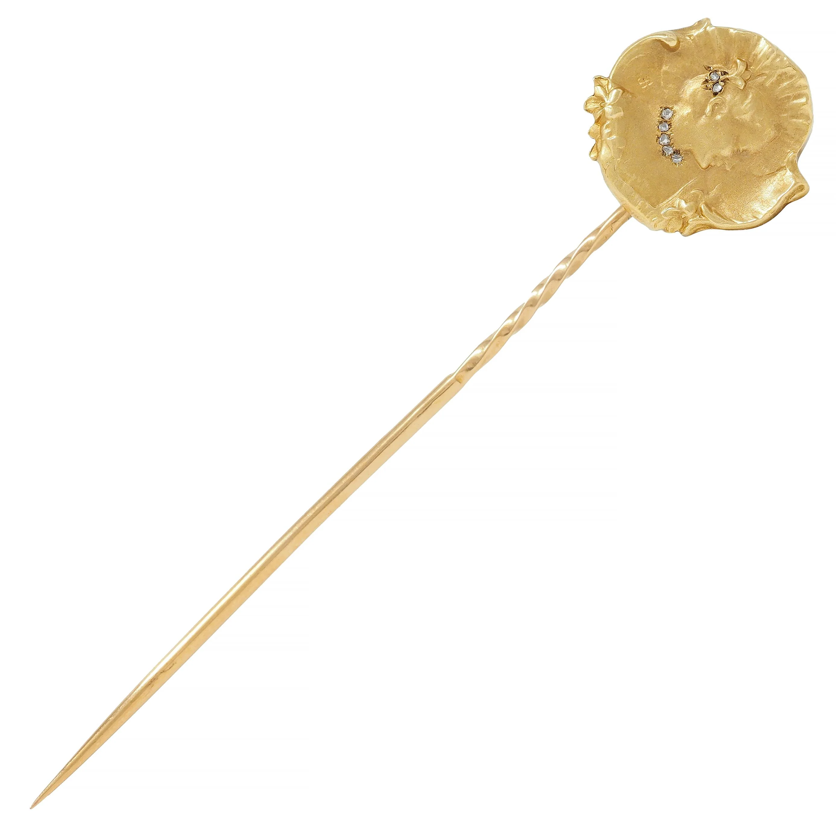 Epinay De Briort French Art Nouveau Diamond 18 Karat Yellow Gold Floral Lady Antique Stickpin - Image 2