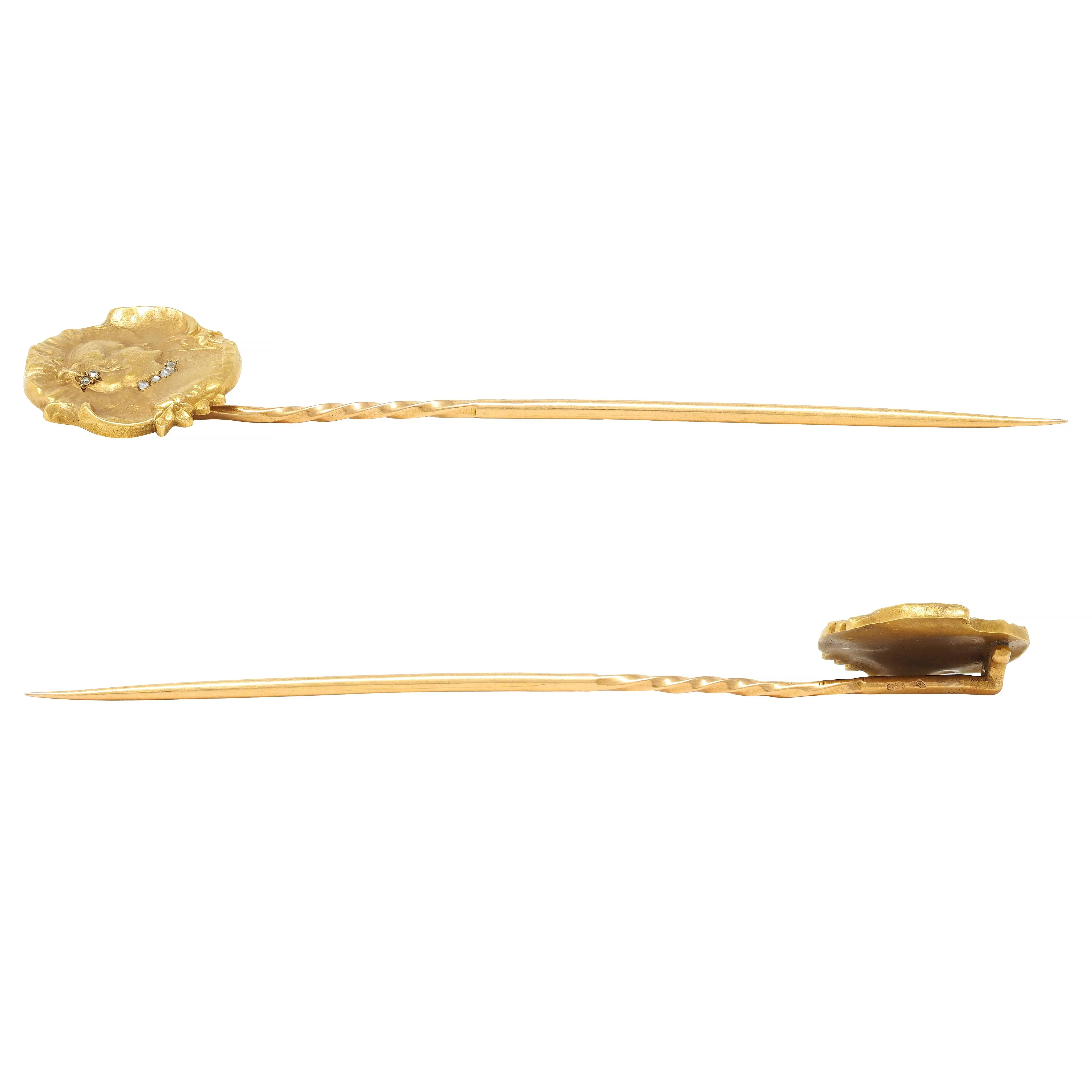 Epinay De Briort French Art Nouveau Diamond 18 Karat Yellow Gold Floral Lady Antique Stickpin - Image 6
