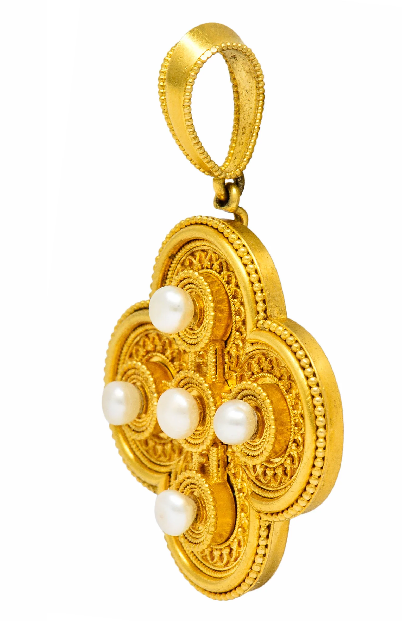 Ernesto Pierret Etruscan Revival Natural Pearl 18 Karat Gold Quatrefoil Pendant - Image 5