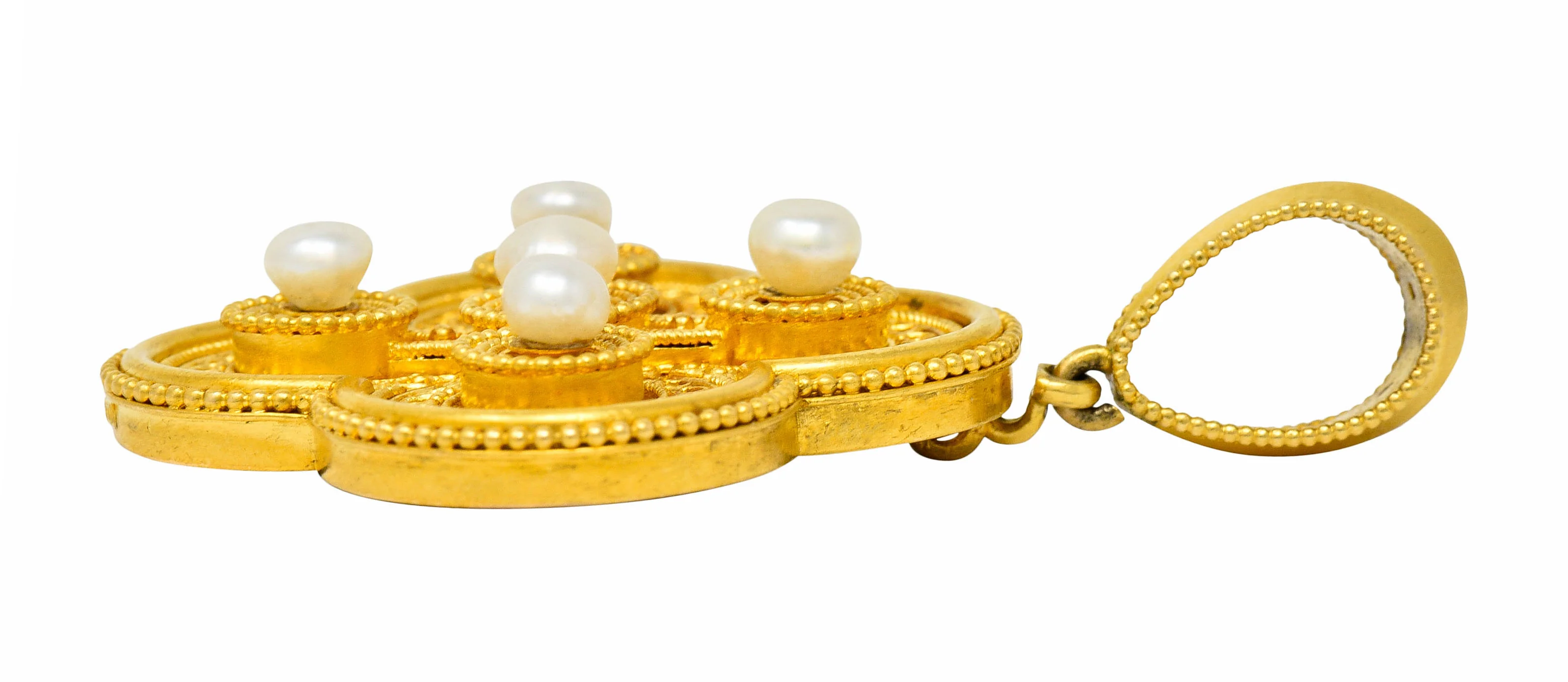 Ernesto Pierret Etruscan Revival Natural Pearl 18 Karat Gold Quatrefoil Pendant - Image 6