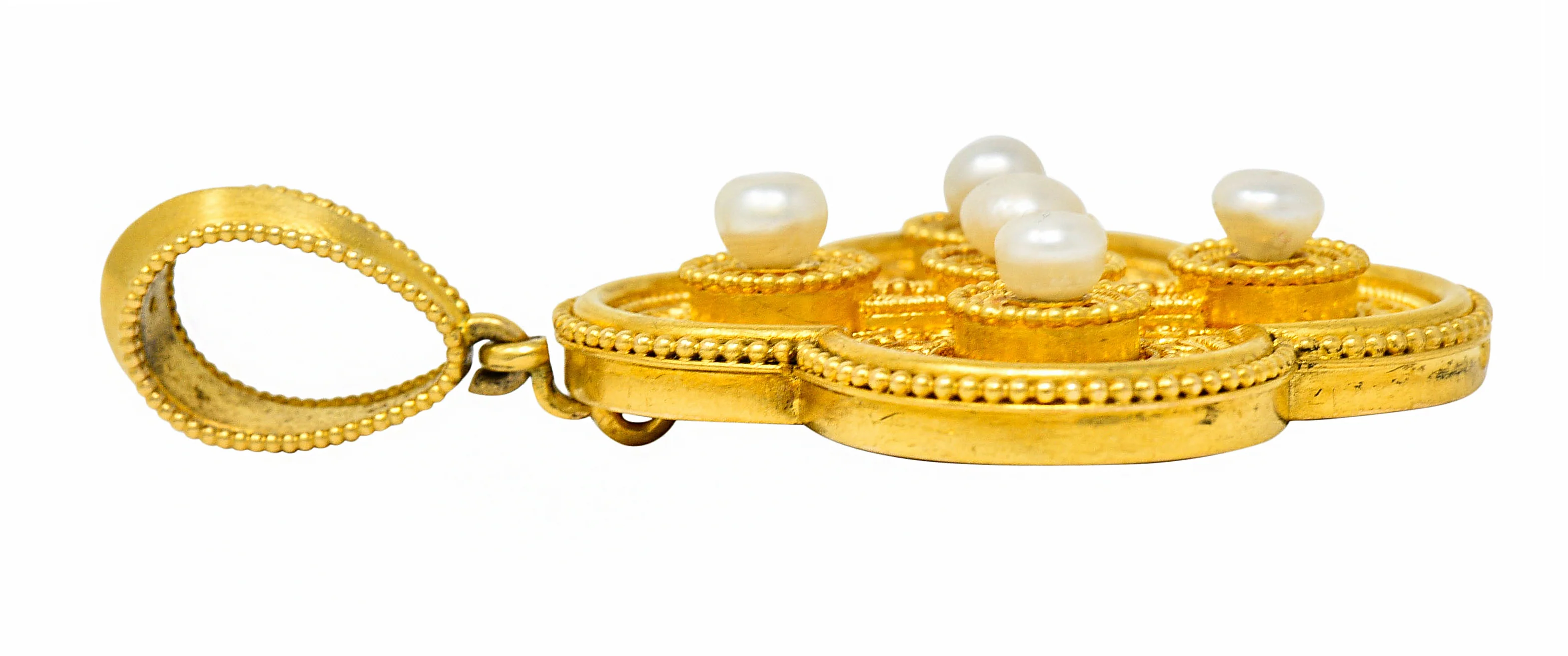 Ernesto Pierret Etruscan Revival Natural Pearl 18 Karat Gold Quatrefoil Pendant - Image 7