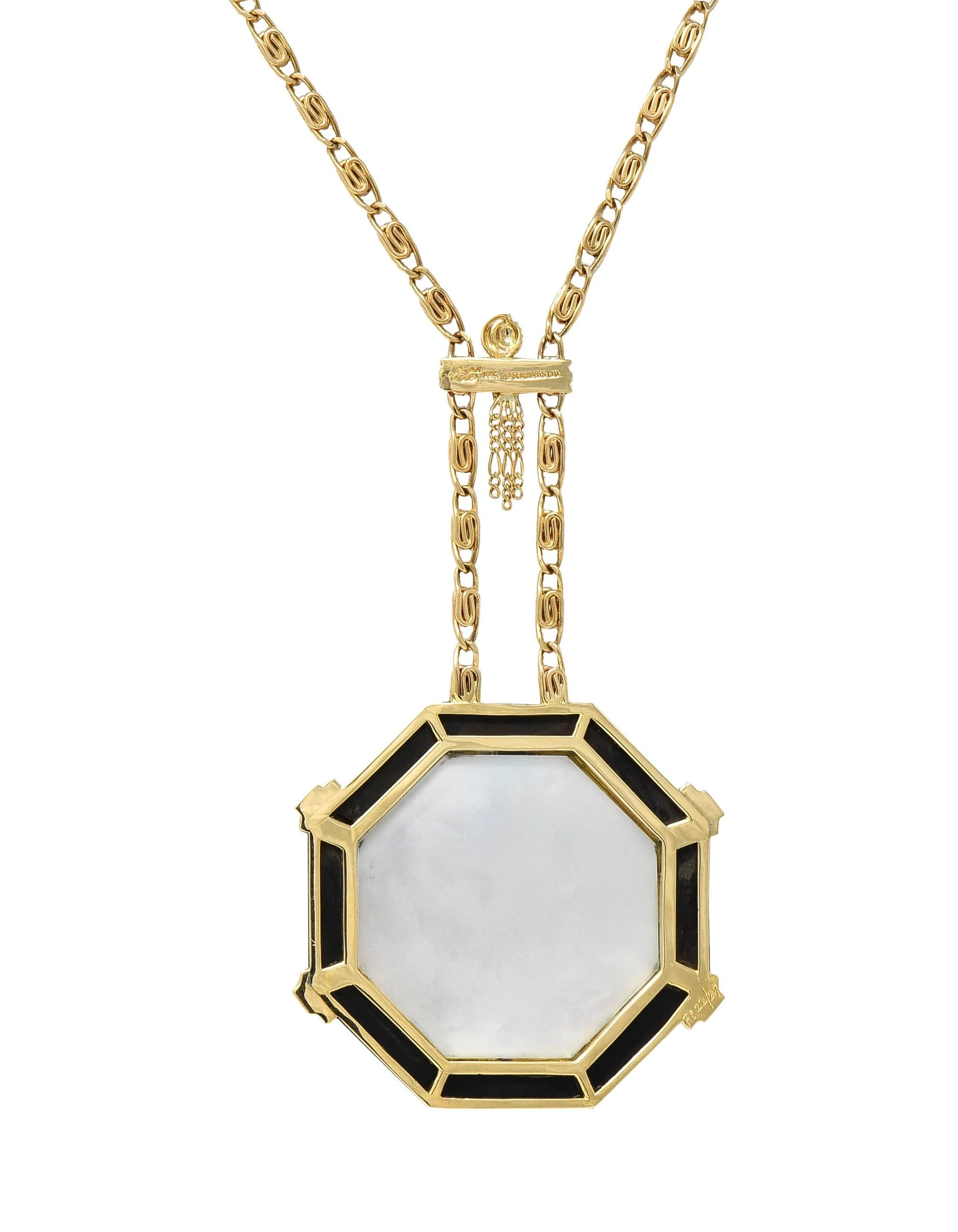 Erté 1970's Diamond Onyx Mother-Of-Pearl 14K Gold Vintage Aventurine Sautoir Necklace - Image 14