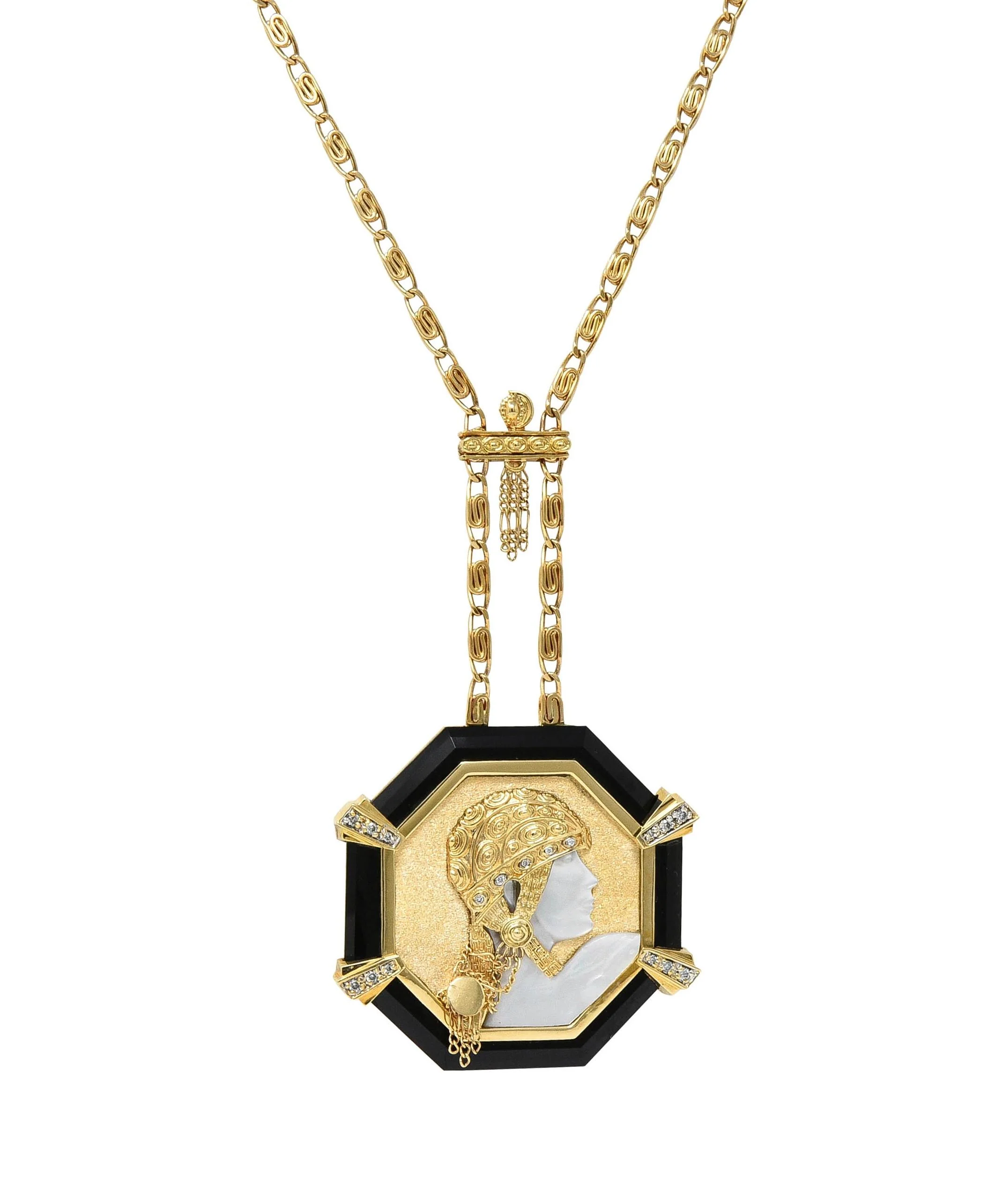 Erté 1970's Diamond Onyx Mother-Of-Pearl 14K Gold Vintage Aventurine Sautoir Necklace - Image 15