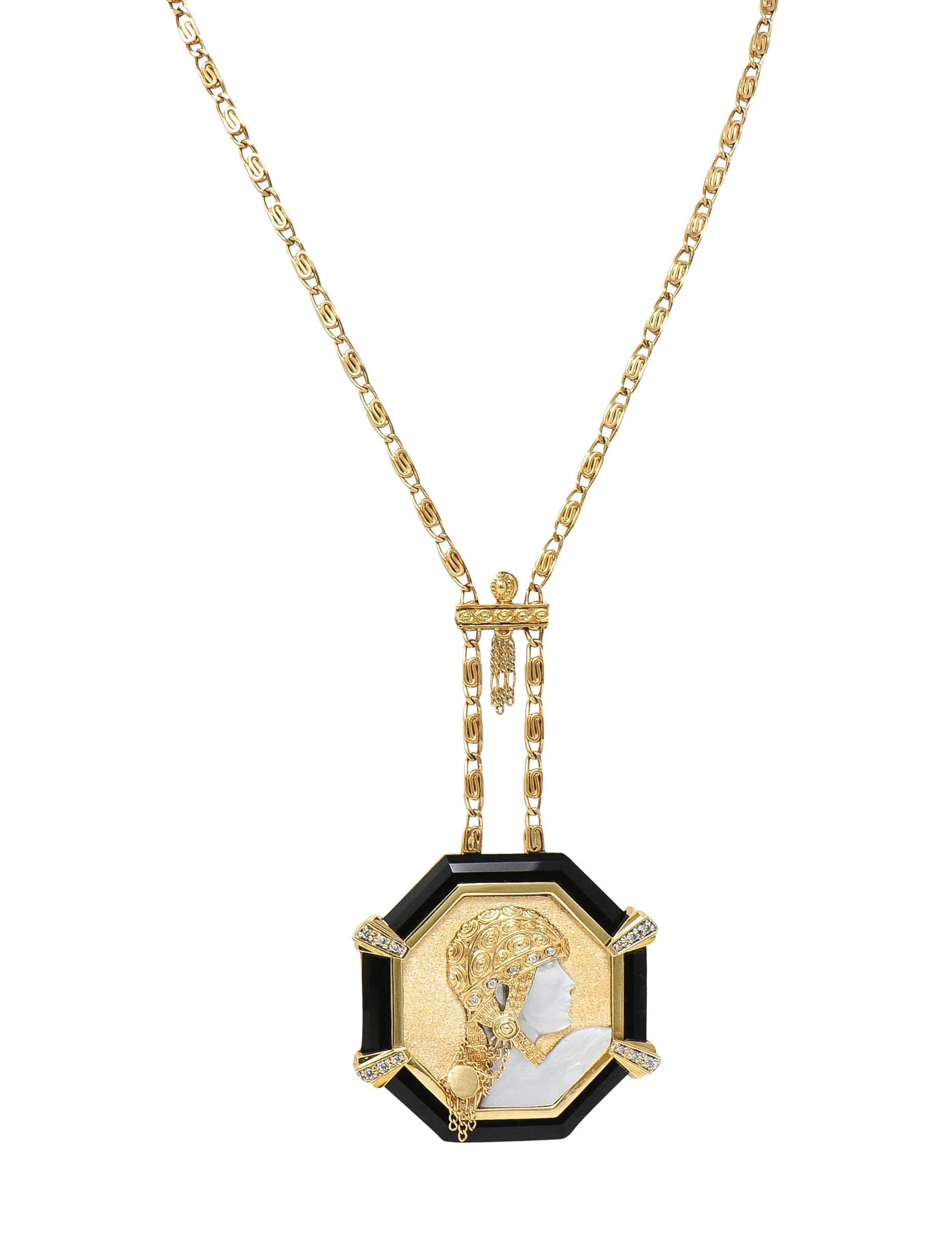 Erté 1970's Diamond Onyx Mother-Of-Pearl 14K Gold Vintage Aventurine Sautoir Necklace - Image 3