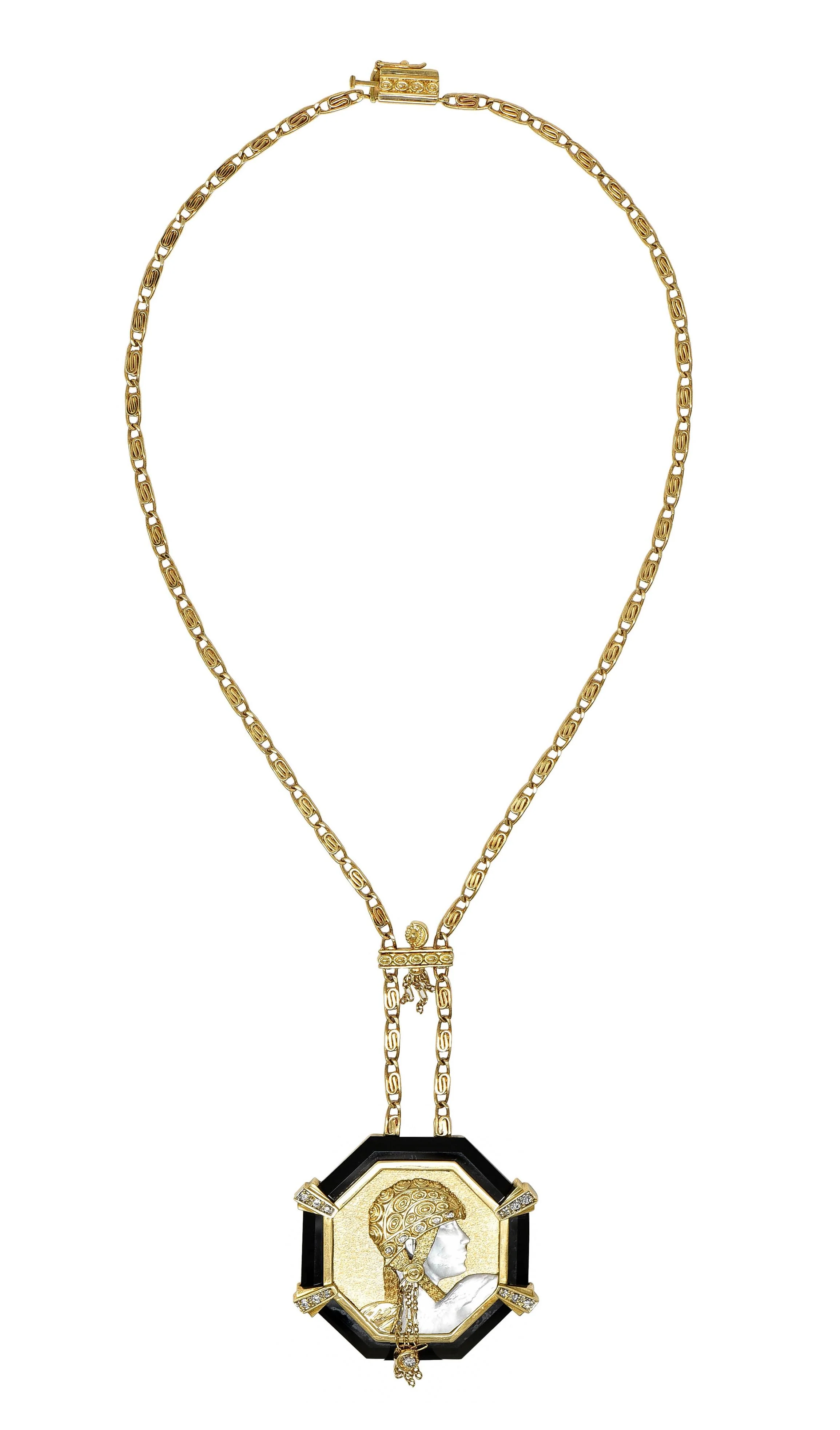 Erté 1970's Diamond Onyx Mother-Of-Pearl 14K Gold Vintage Aventurine Sautoir Necklace - Image 5
